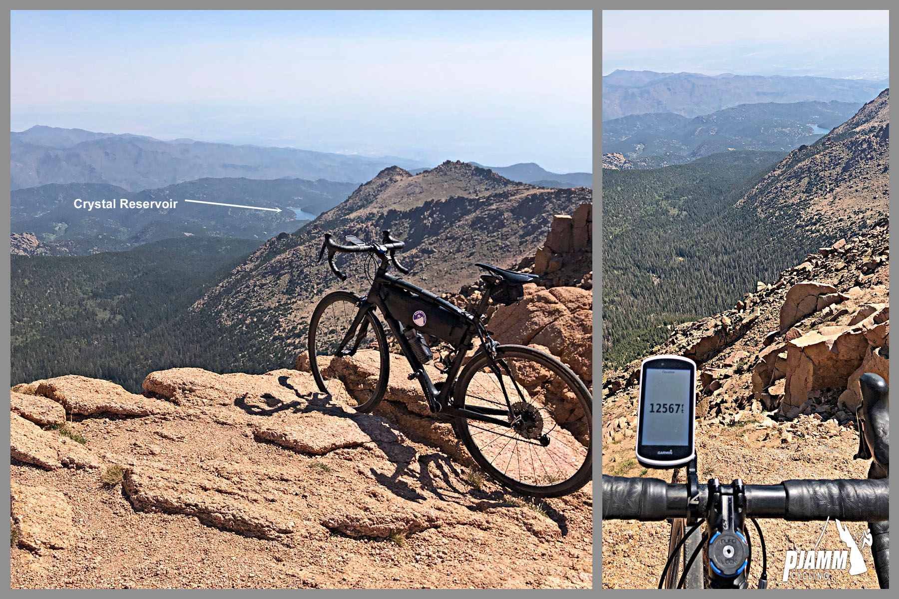 Cycling Pikes Peak - bike parked near mountainside looking down on Crystal Reservoir, Garmin reading 12,567 feet, PJAMM cycling logo in corner