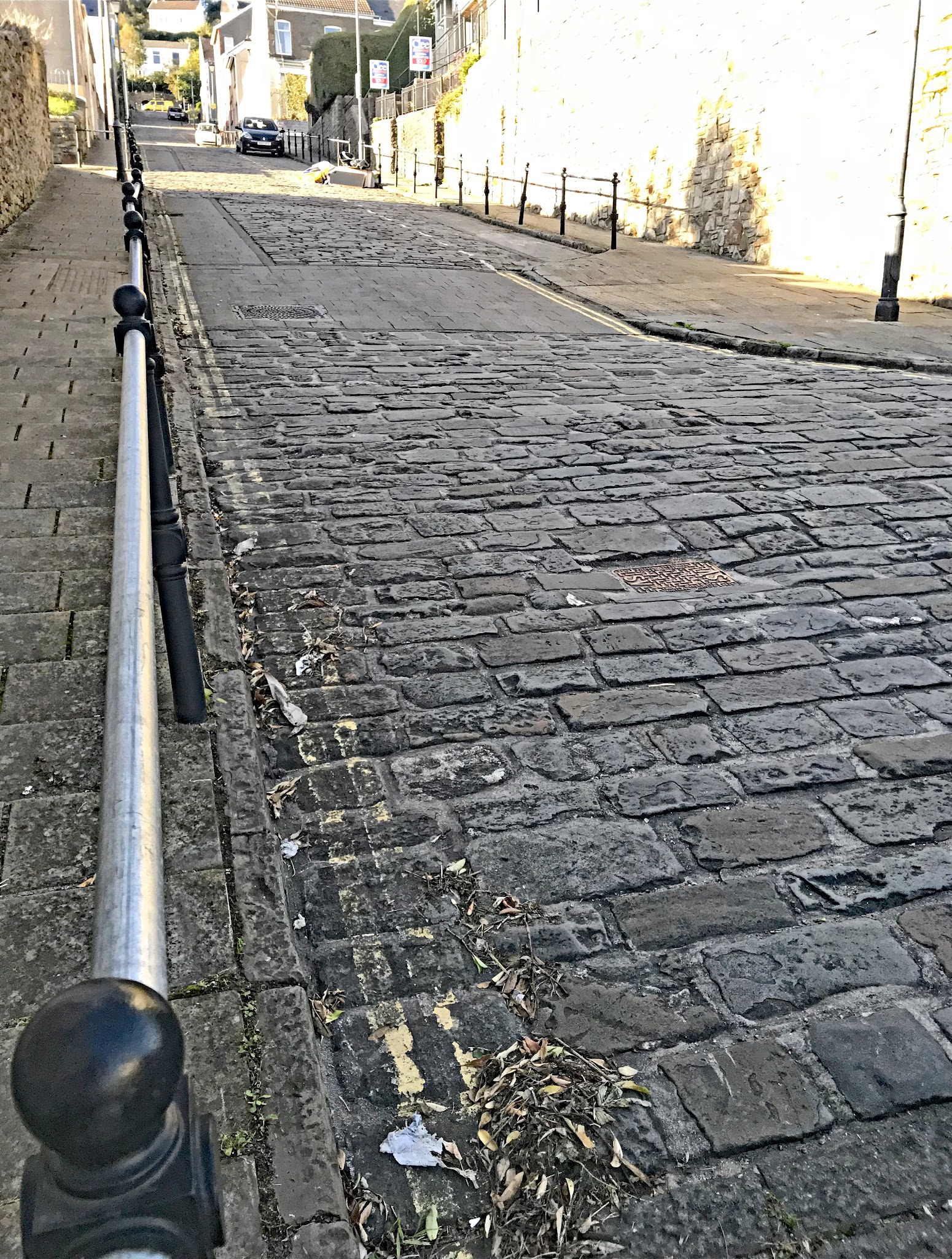 Cycling Constitution Hill, Wales - metal guardrails along the cobblestone roadway