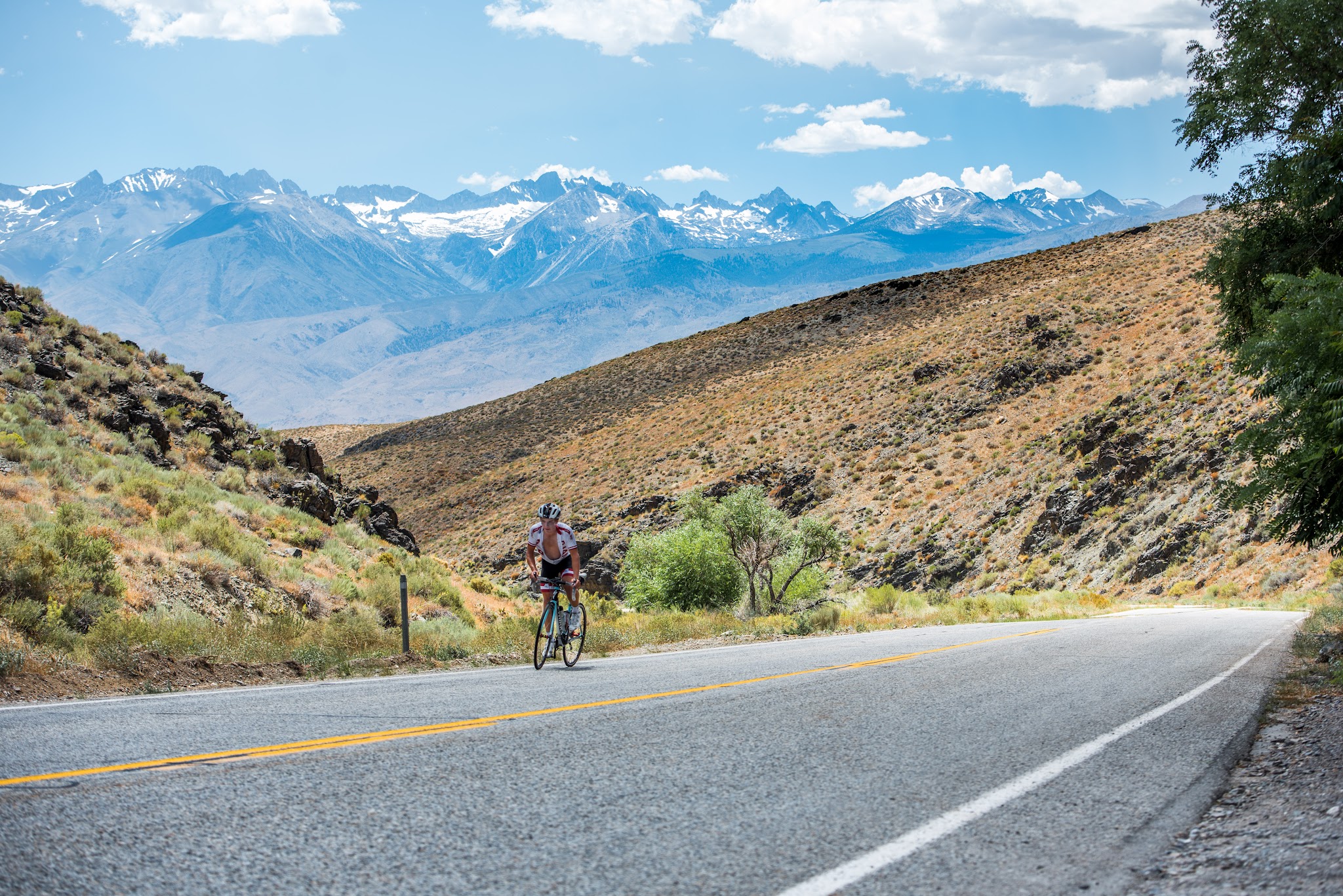 Owens Valley Cycling White Mountain - roadway, meadow, mountains and clouds