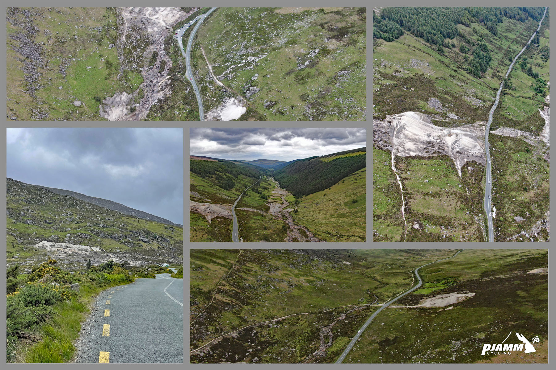 Cycling Wicklow Gap East, Ireland photo collage shows aerial drone view of quarry sites