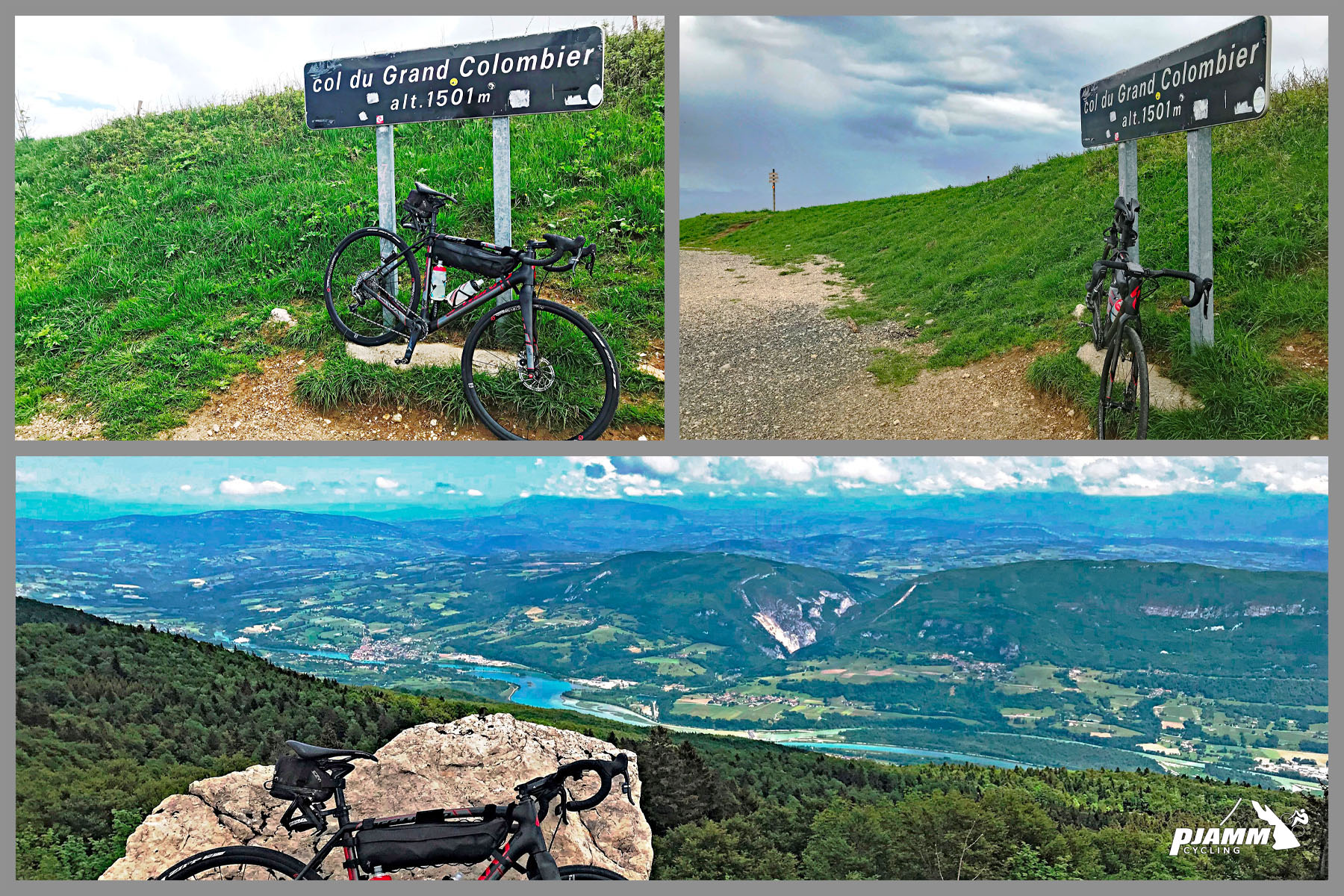 photo collage shows bike parked against large rock at climb finish overlooking the Rhone