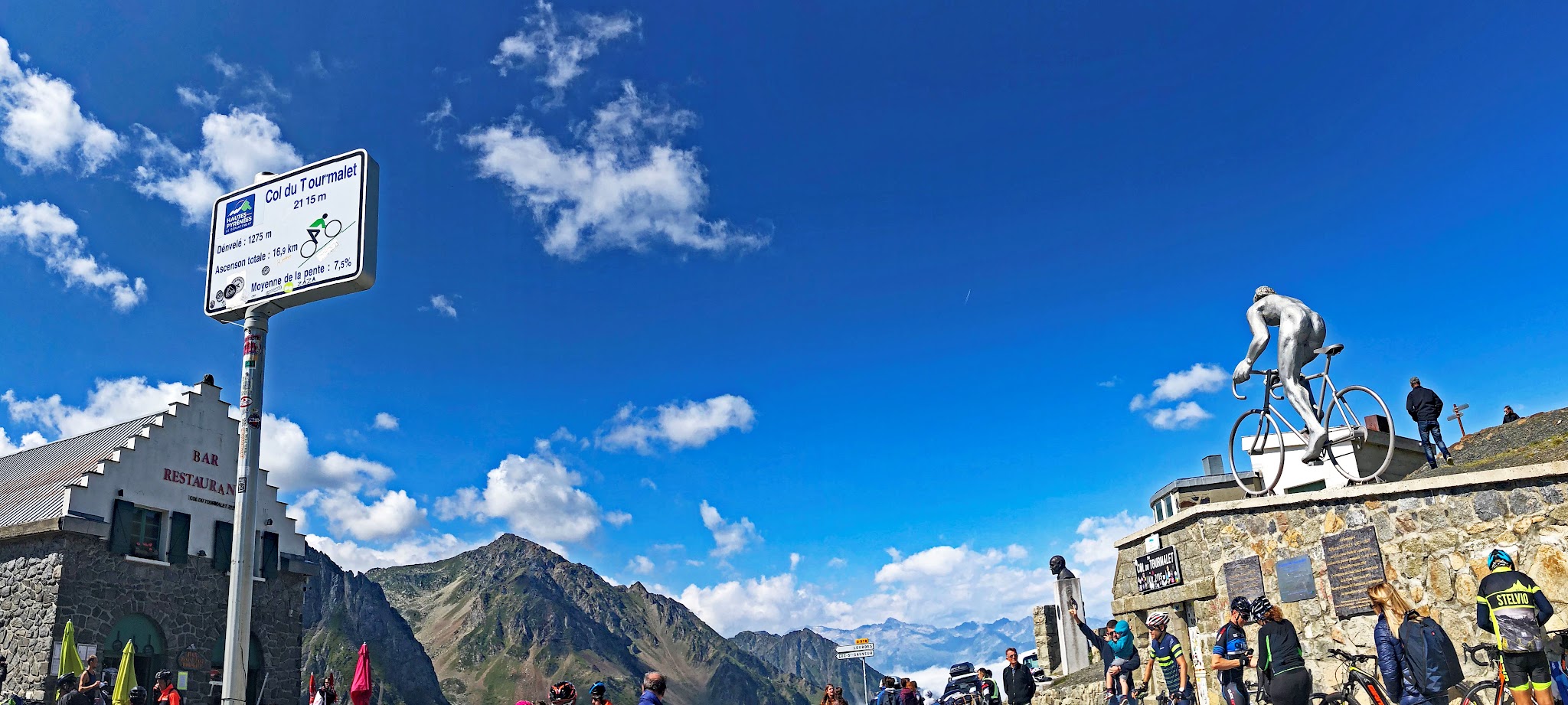 large silver cyclist statue at top of the Col du Tourmalet bike climb