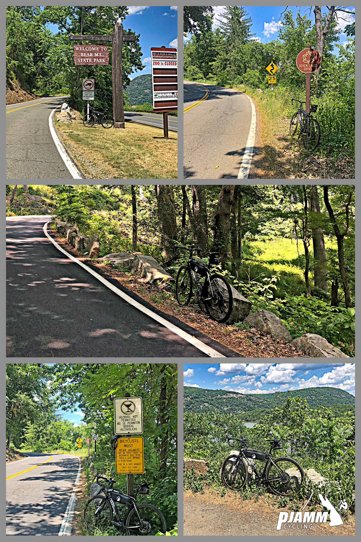 Cycling Bear Mountain, New York - photo collage, views along the first half-mile of the climb including sign for Bear Mt. State Park, thick foliage, signs for winding roads, panoramic views of hillsides, PJAMM Cycling logo in corner