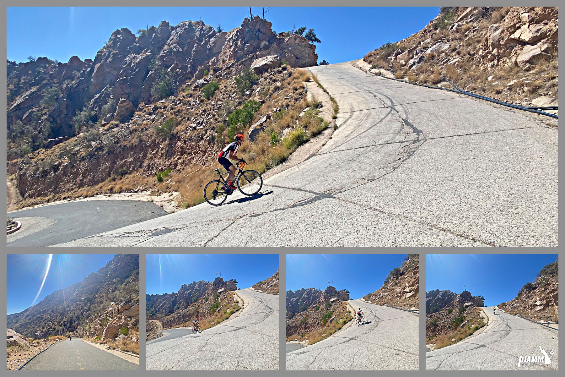 Cycling Rdom Pass, Asir Mountains- PJAMM cyclist zig-zags up extremely steep, switchbacked portions of the two-lane Asir mountain roadway, photo collage, PJAMM cycling logo in corner