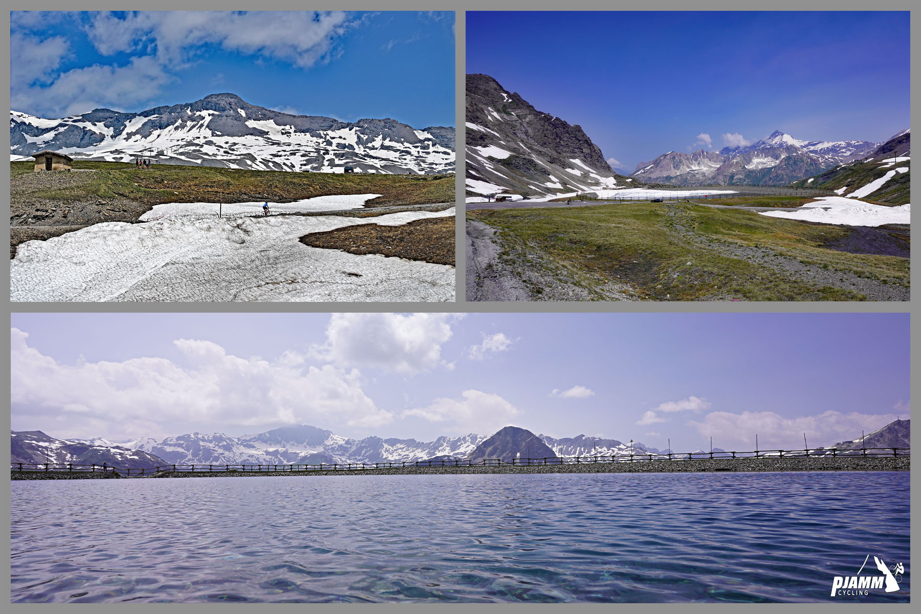 Cycling Col de L'Iseran: photo collage shows views of blue water in unnamed pond shortly before climb's finish; snow patches in fields
