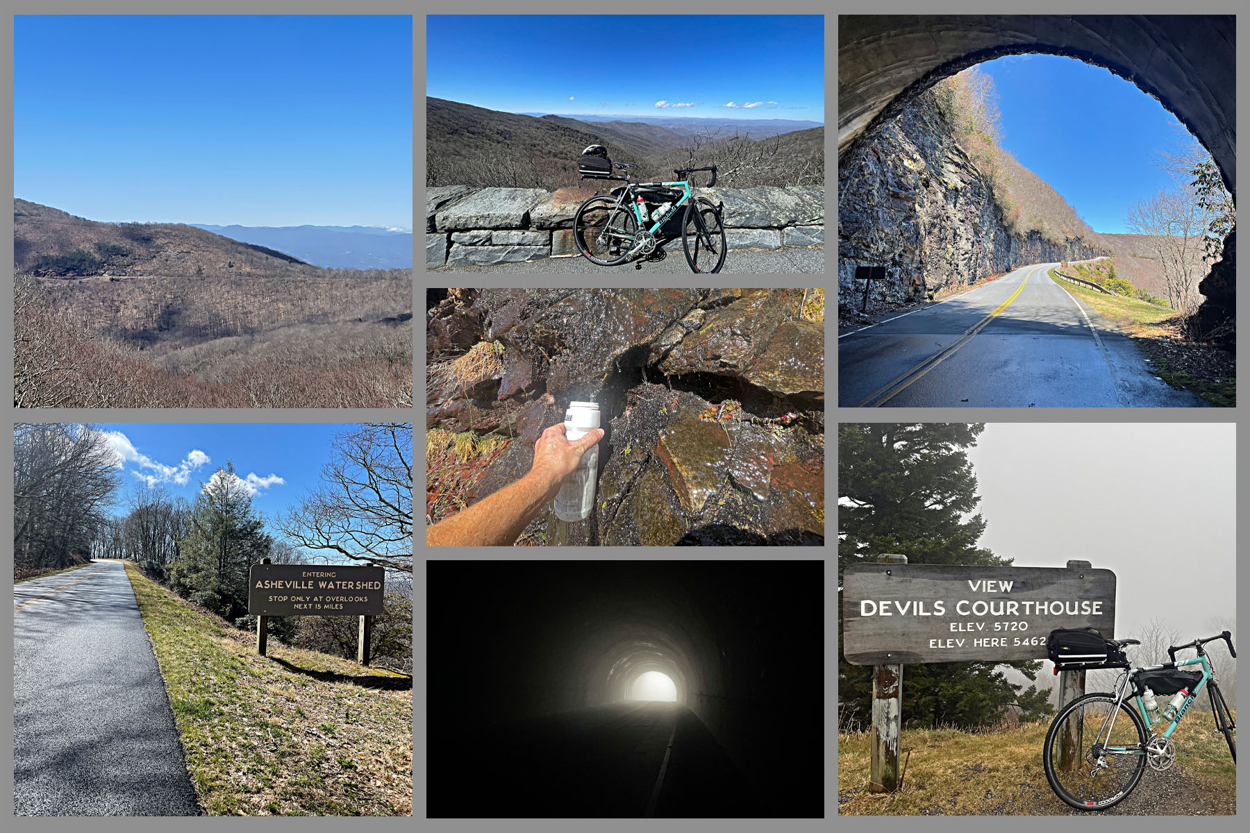 photo collage; bike parked at Devils Courthouse view, tunnel views, filling a water bottle from a trickle on rocks along roadside