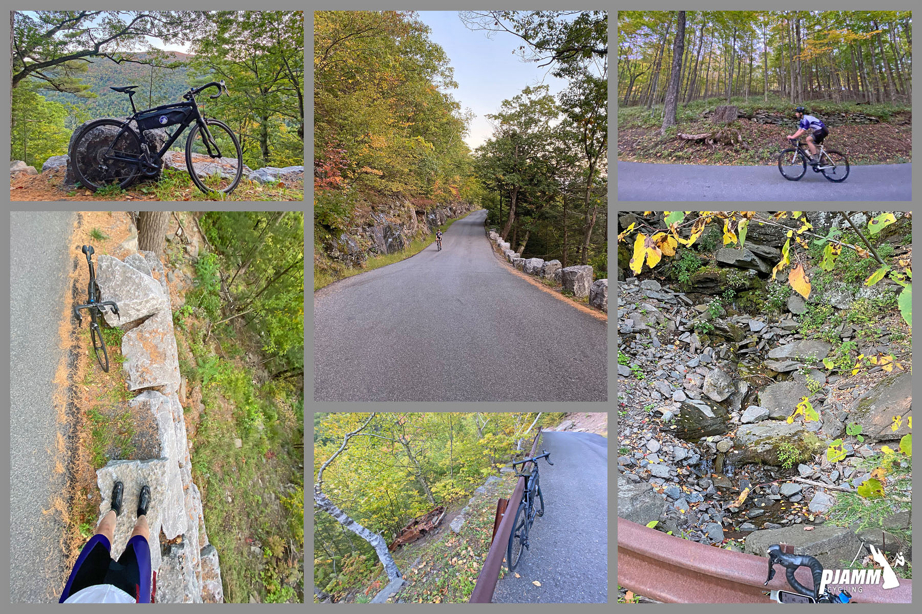 Devil's Kitchen - Platte Clove Road - photo collage, bike parked at various viewpoints along climb, fall foliage, one-lane road, cyclist standing on narrow stone retaining wall along edge of road, PJAMM Cycling logo in corner