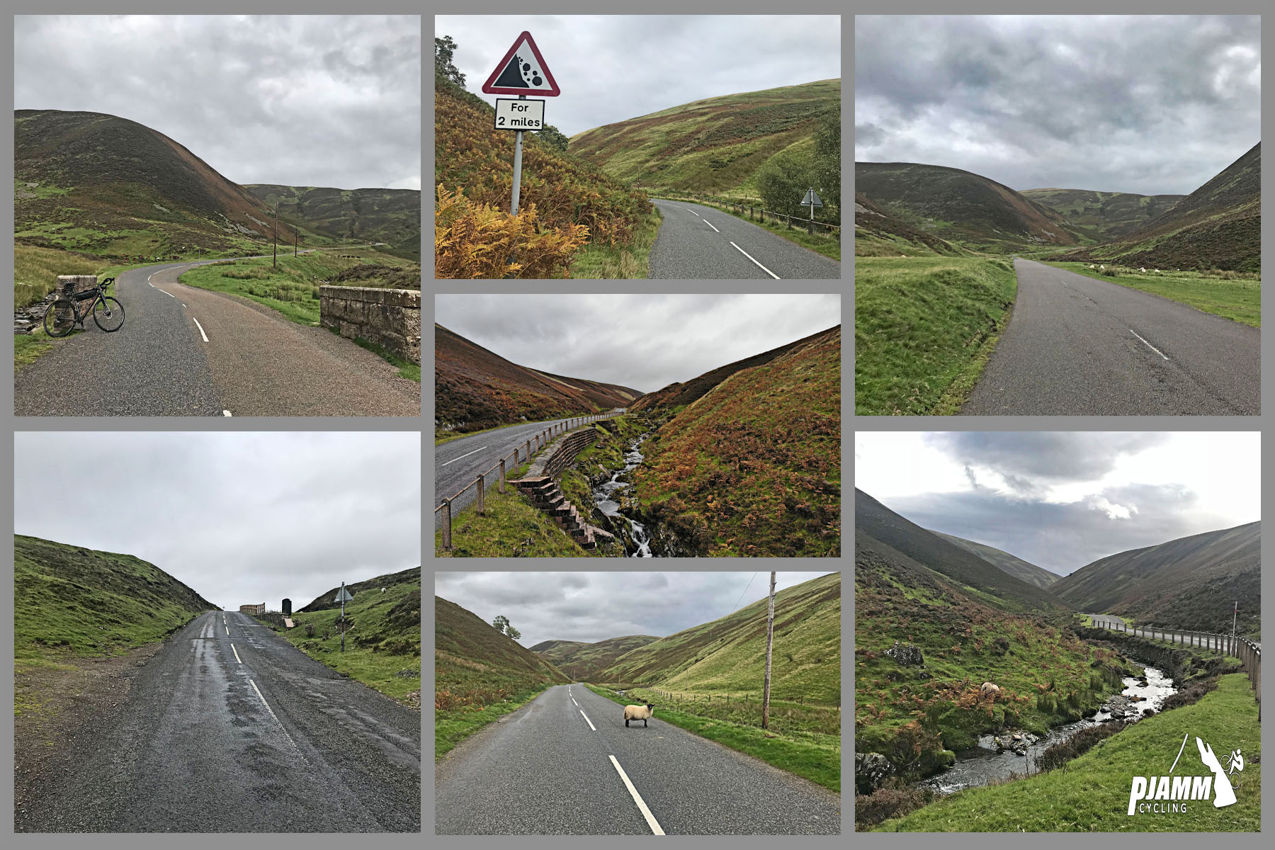 Cycling Mennock Pass, Scotland Cycling Mennock Pass, Scotland - photo collage, bike on two-lane road in green and brown hillside, road sign for falling rocks, creek running parallel to road, PJAMM Cycling logo in corner
