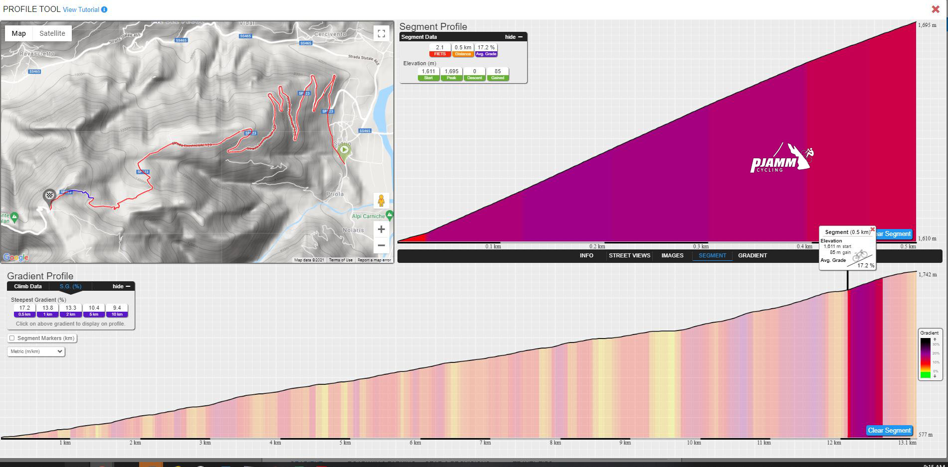 Cycling Monte Zoncolan from Sutrio - climb grade and profile for steepest 500 meters