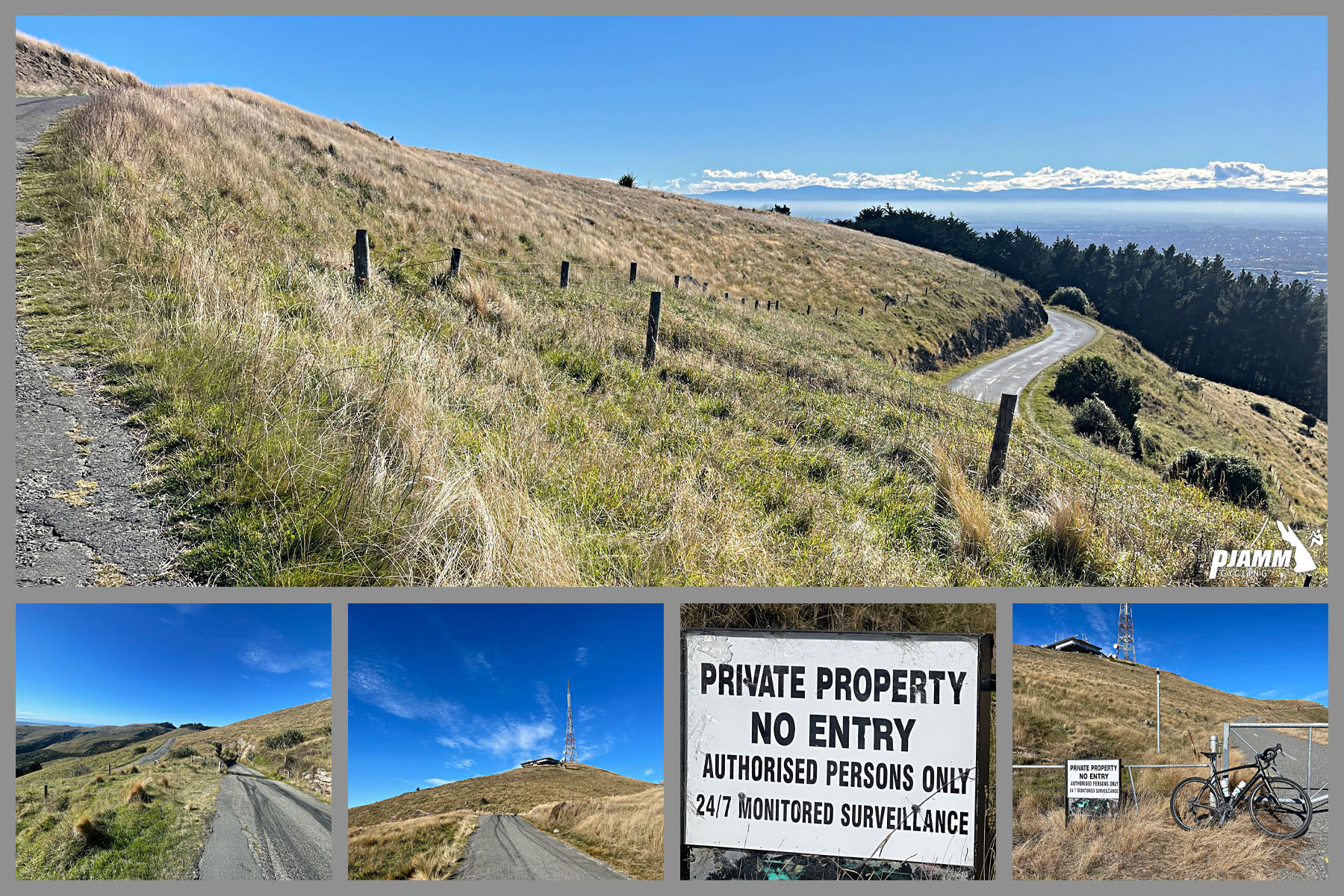 sign reads "Private Property No Entry Authorised Persons Only 24/7 Monitored Surveillance" 