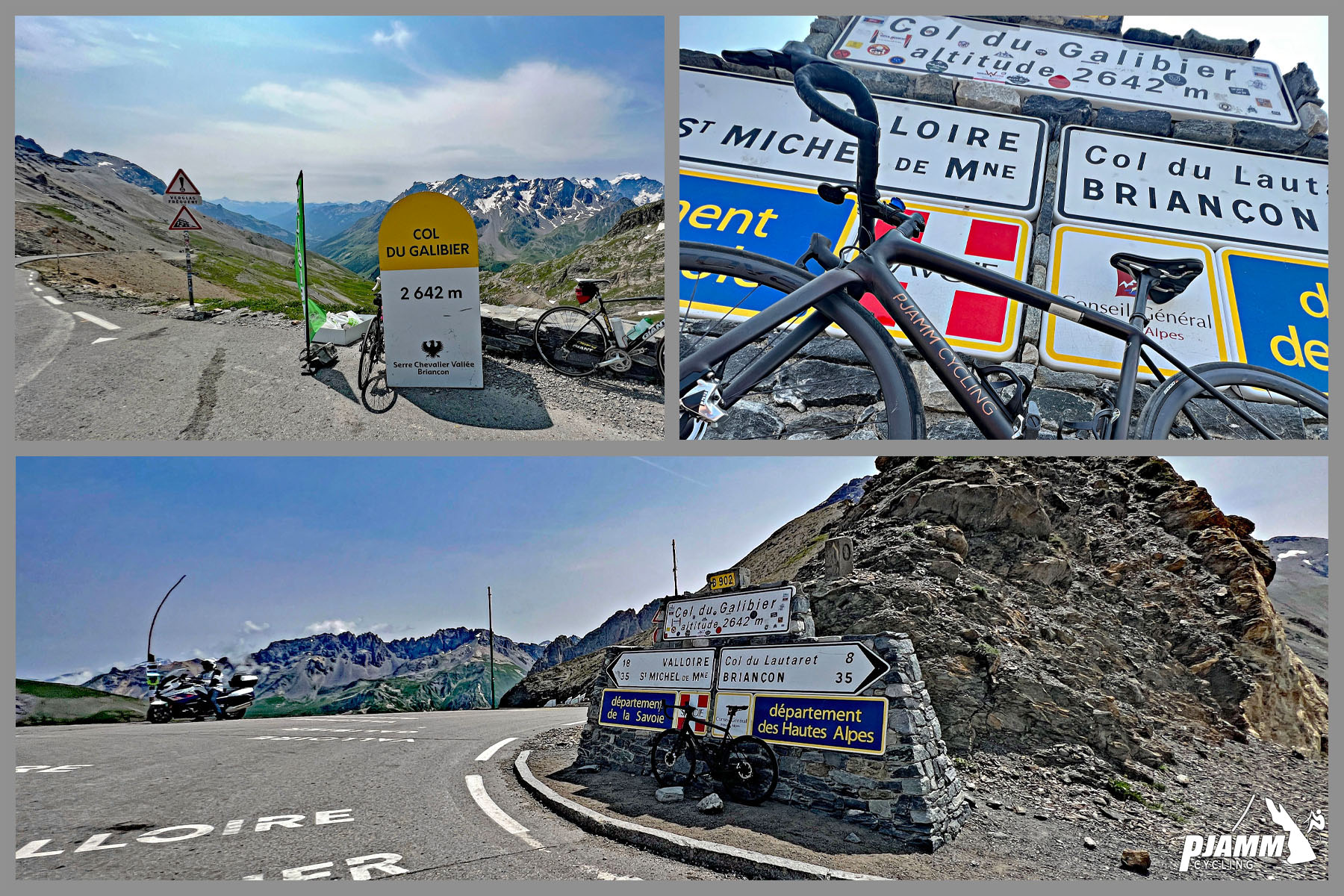 Cycling Col du Galibier & Telegraphe: photo collage shows road signs, kilometer marker signs, and views at climb's finish