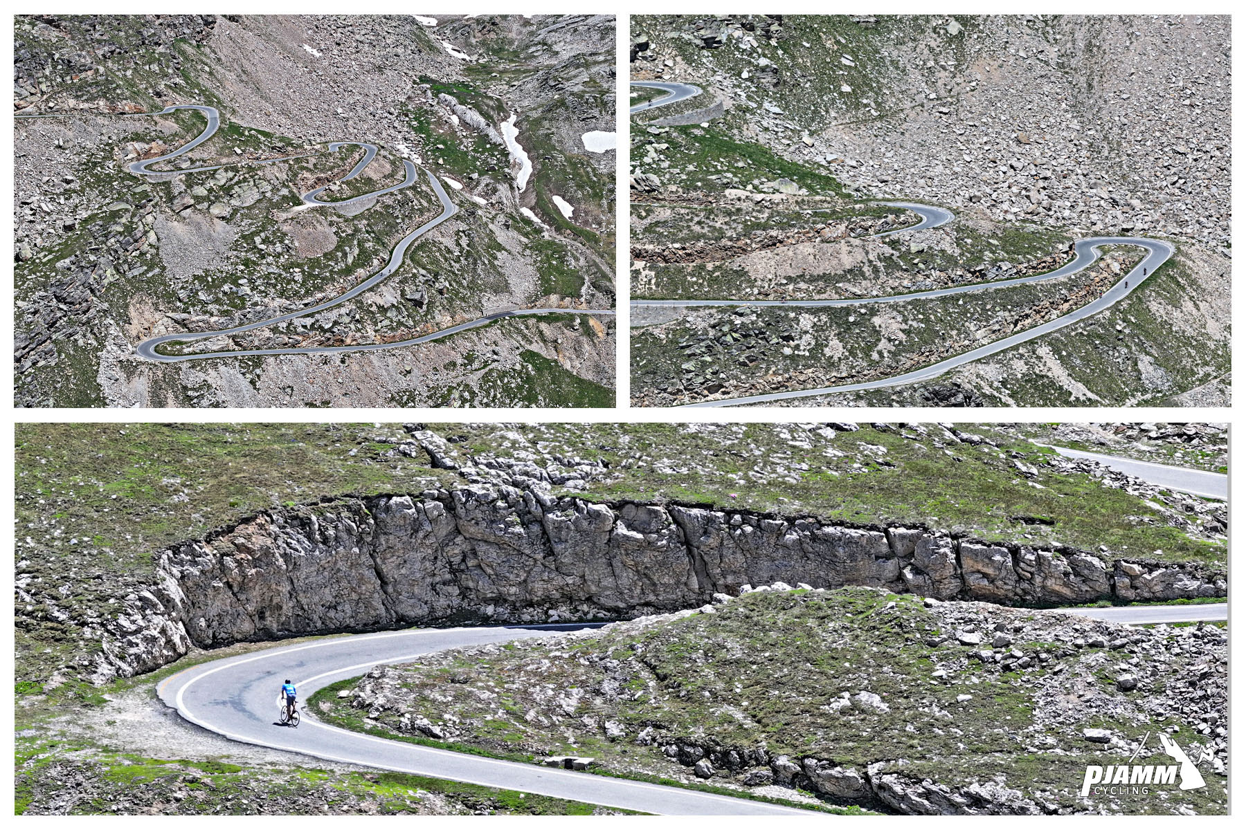Cycling Colle de Nivolet, Italy - photo collage shows PJAMM Cyclist riding on final set of 14 hairpins