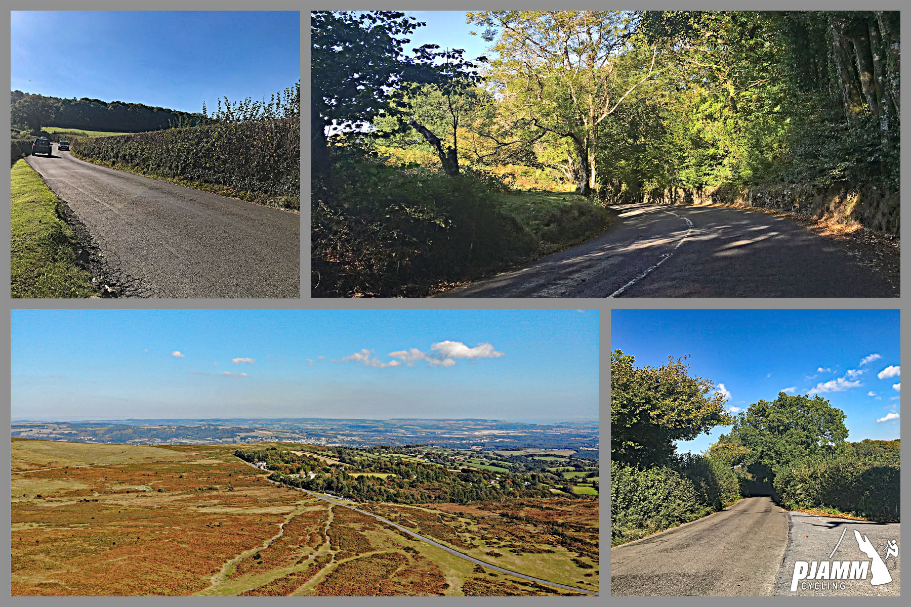 Cycling Haytor Vale - photo collage, tree-lined lane with road curving, view of grassy hillsides from above, blue sky, PJAMM Cycling logo in corner