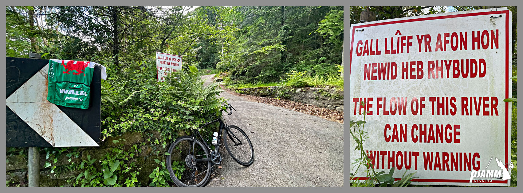 bike parked at climb start next to sign that reads "The Flow of this River Can Change Without Warning"
