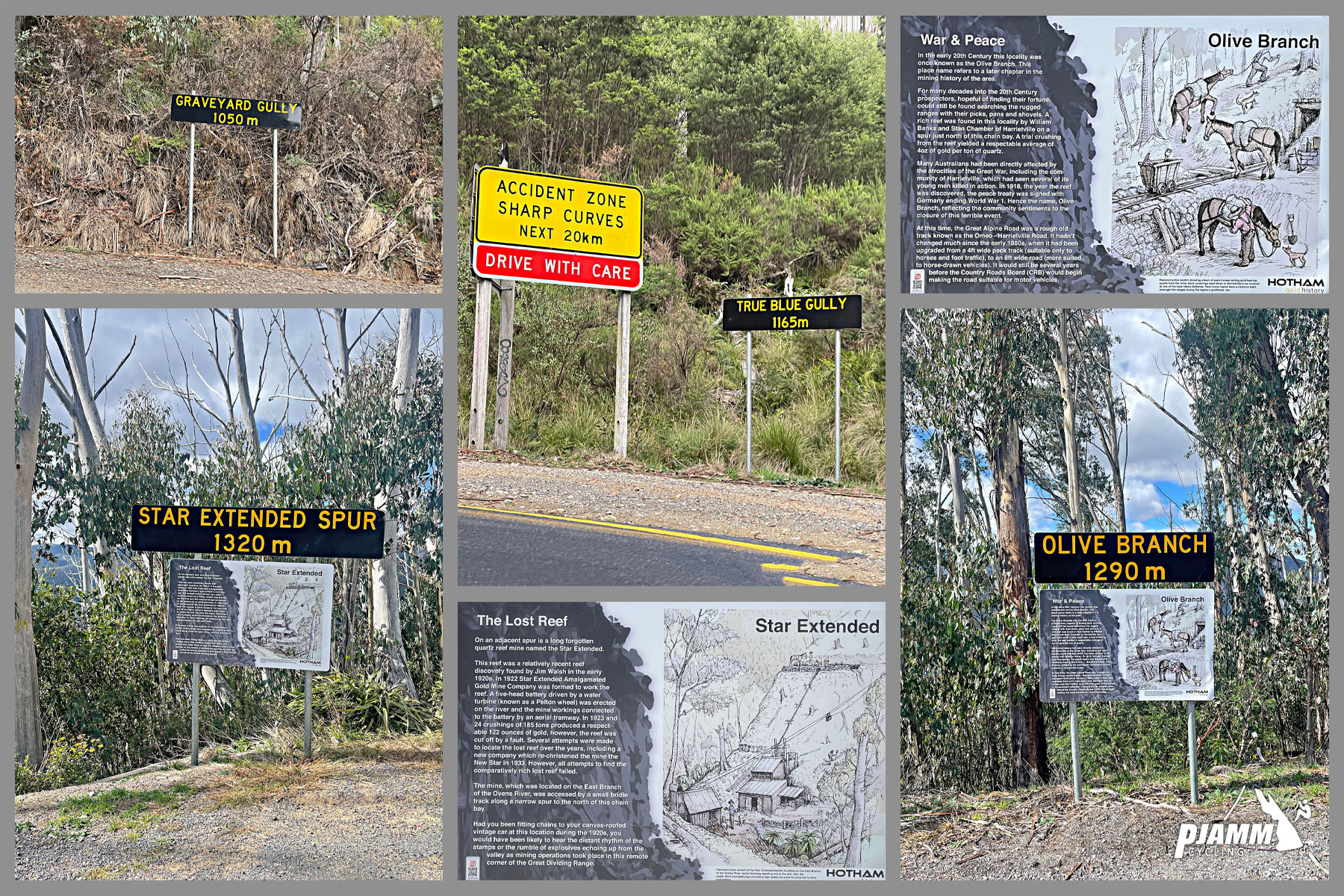 elevation, warning, and informational signs along the route
