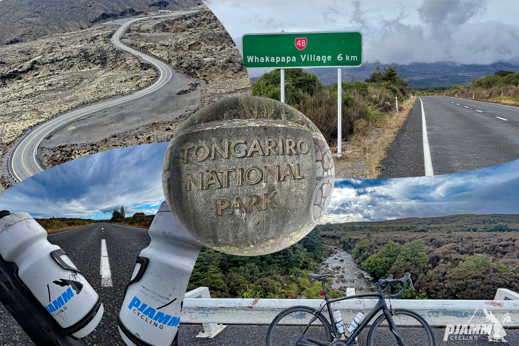 Climbing Ruapehu Ski Area, New Zealand photo collage shows winding road up mountain, stone sign for Tongariro National Park, road sign for Whakapapa Village