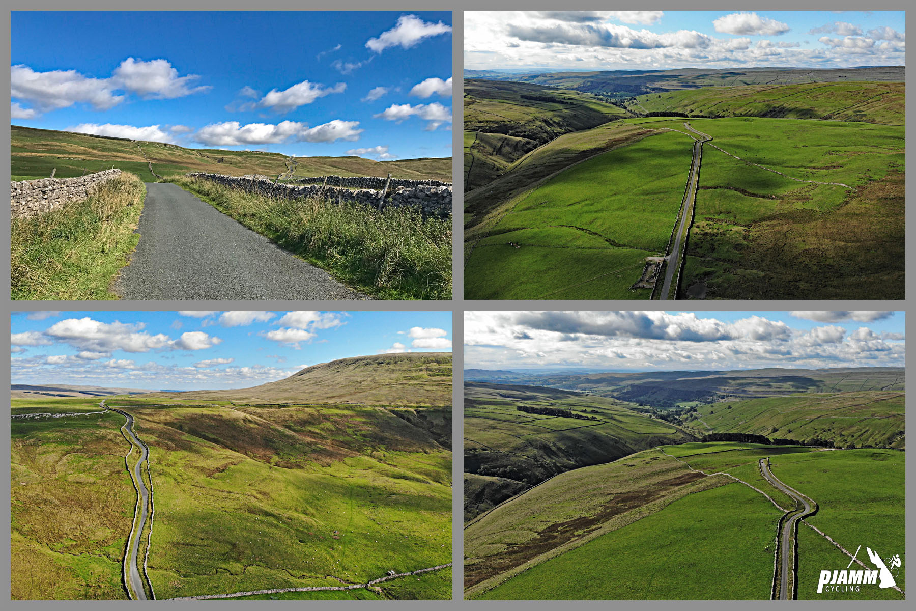 Cycling Park Rash - photo collage, PJAMM Cycling logo in corner, one-lane country road traveling through pastureland, aerial views of road bordered by stone walls