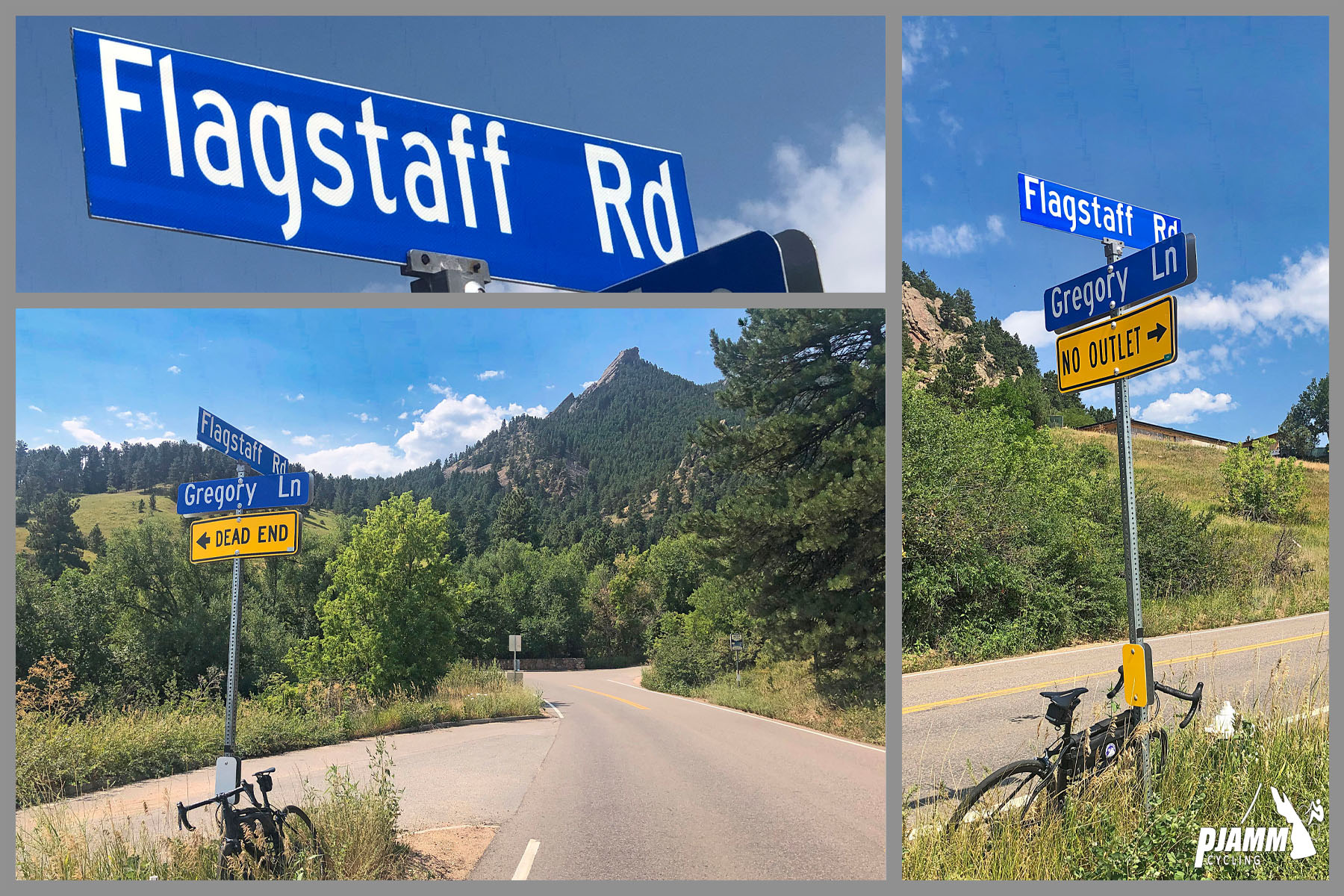 Cycling Flagstaff Road, Boulder, Colorado - photo collage, PJAMM Cycling logo in corner, road signs for Flagstaff Road, Gregory Lane, bike leaning against road signs