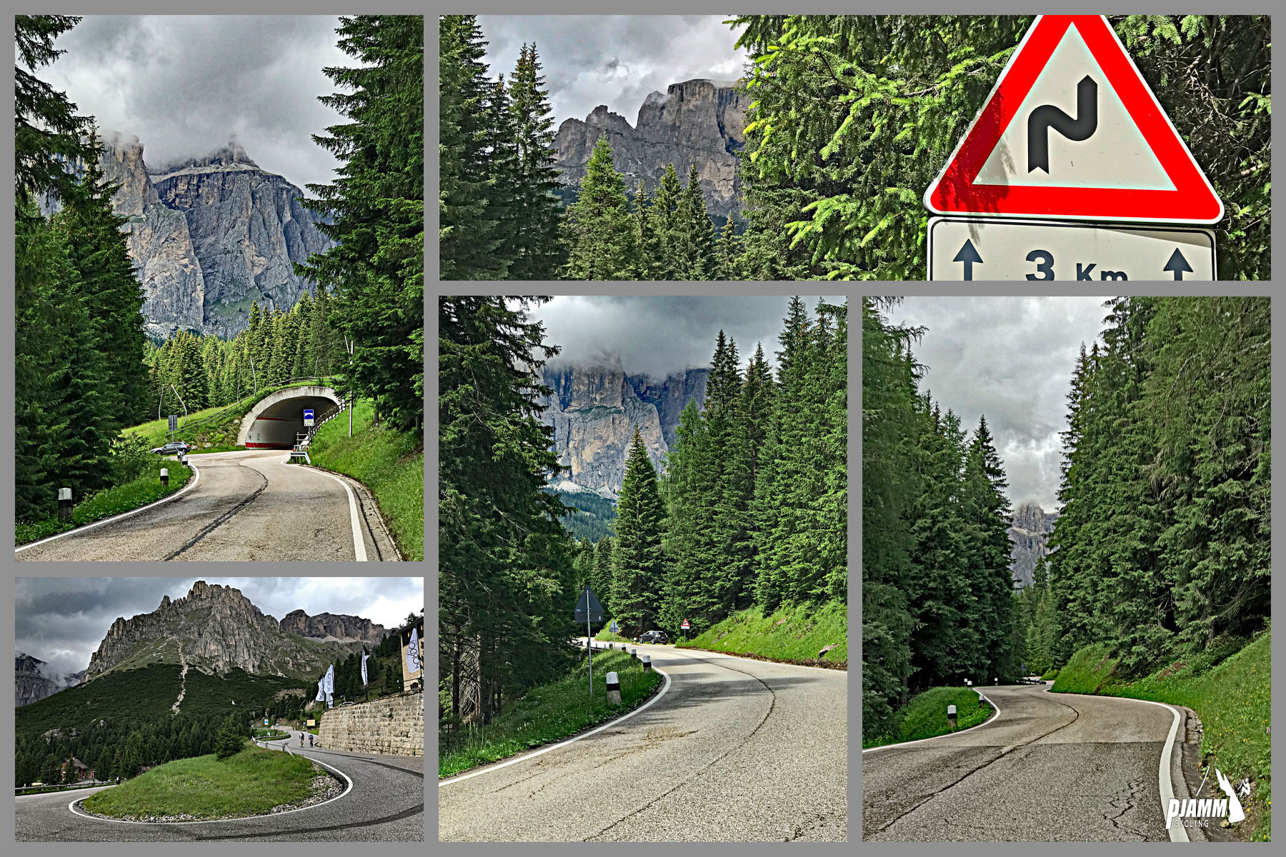 Cycling Passo Pordoi from Canazei - views leaving Canazei, including a tunnel through the mountainside
