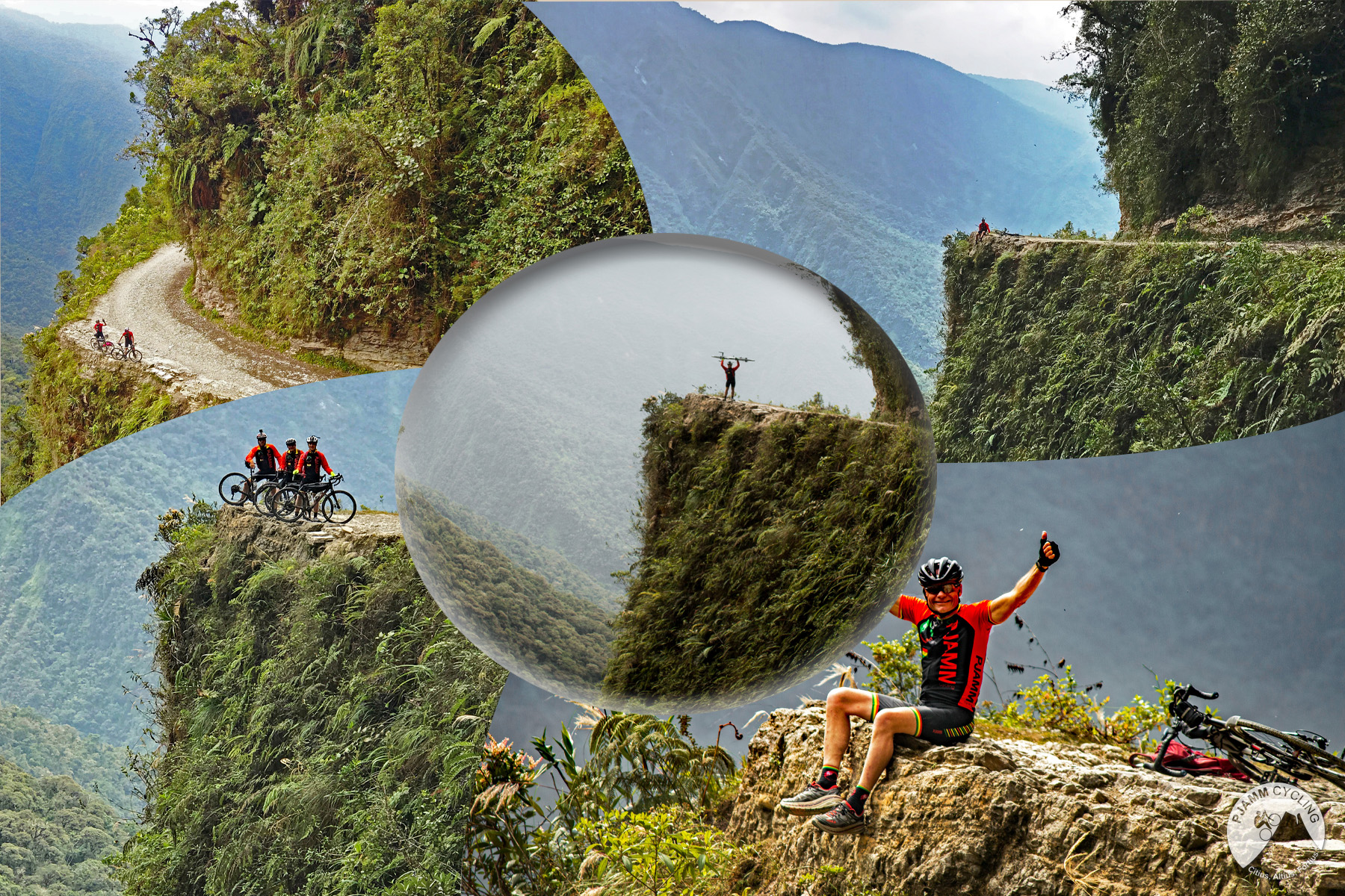 photo collage shows PJAMM Cyclists posing at Postcard Corner on the Death Road Bike climb