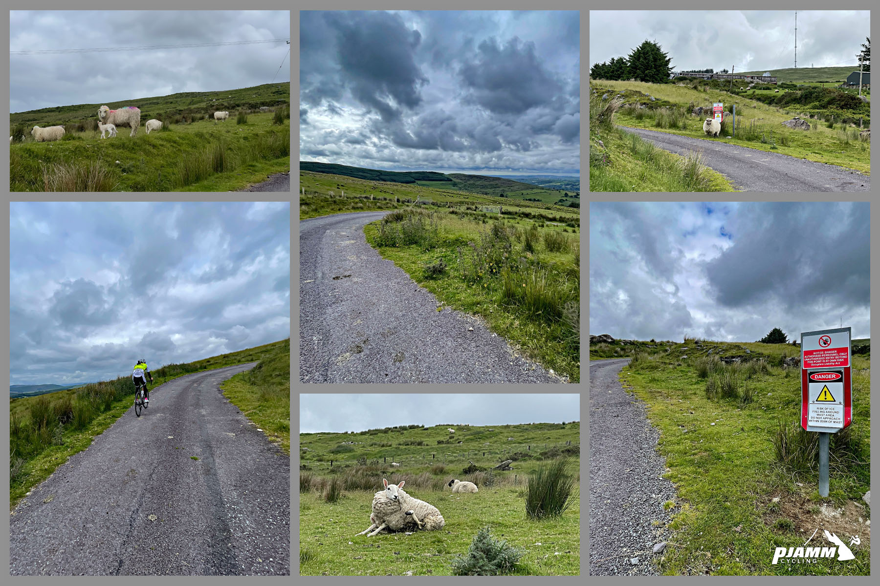 photo collage shows views along first half of climb - one-lane roadway, green pastures, sheep