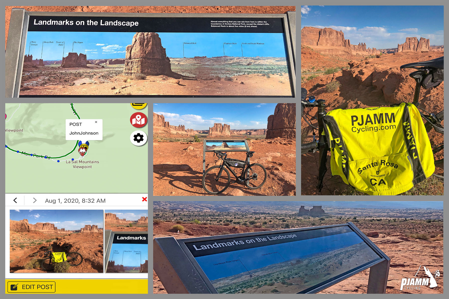Cycling Arches National Park, Utah - photo collage, PJAMM Cycling logo in corner, Landmarks on the Landscape viewpoint, informational signs, bike parked in front of sign, yellow PJAMM Cycling jersey