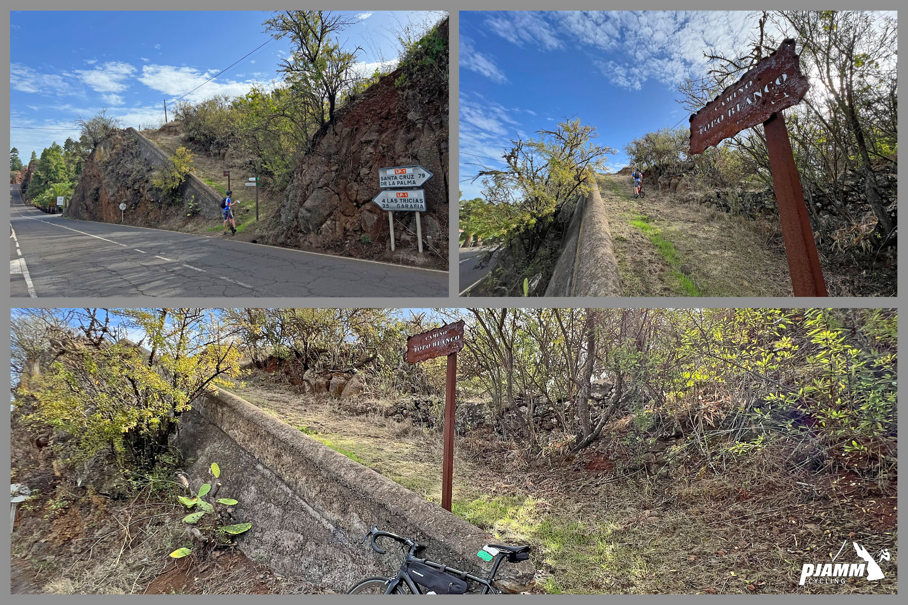 photo collage shows brief section where roadway ends and cyclists must hike with bikes