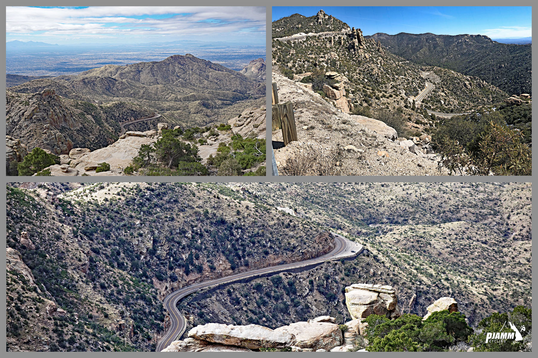 Cycling Mt. Lemmon, Arizona - views looking down from Windy Point Vista, panoramic views of road climbing up mountainside, high desert landscape, PJAMM Cycling logo in corner