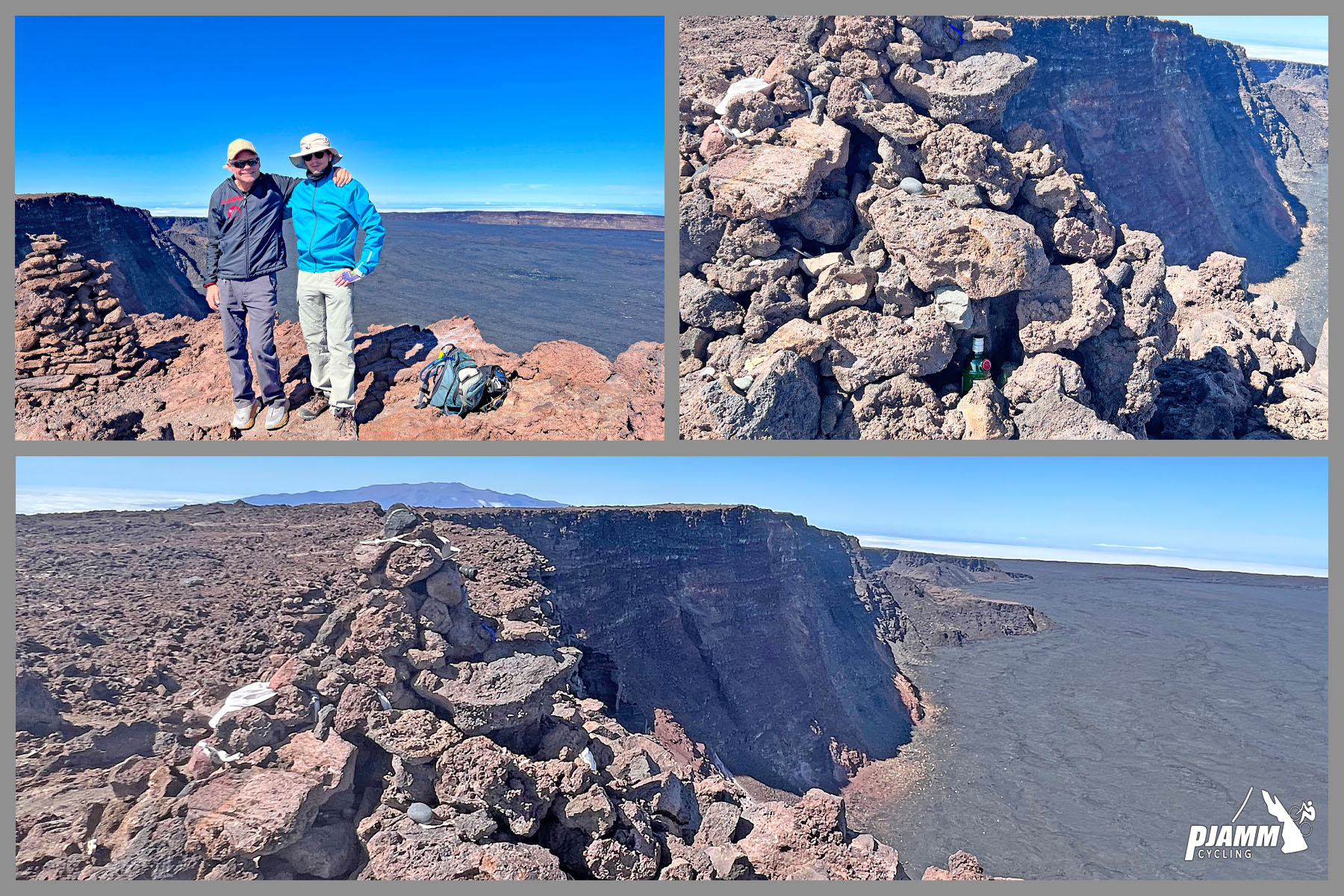photo collage shows PJAMM Cyclists hiking the Mauna Loa climb; view from climb summit, volcanic rock and dirt