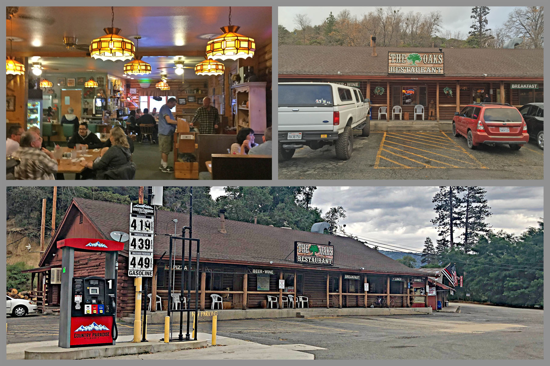 Biking up Hwy 38 to Onyx Summit  - The Oaks Restaurant sign and parking lot. 