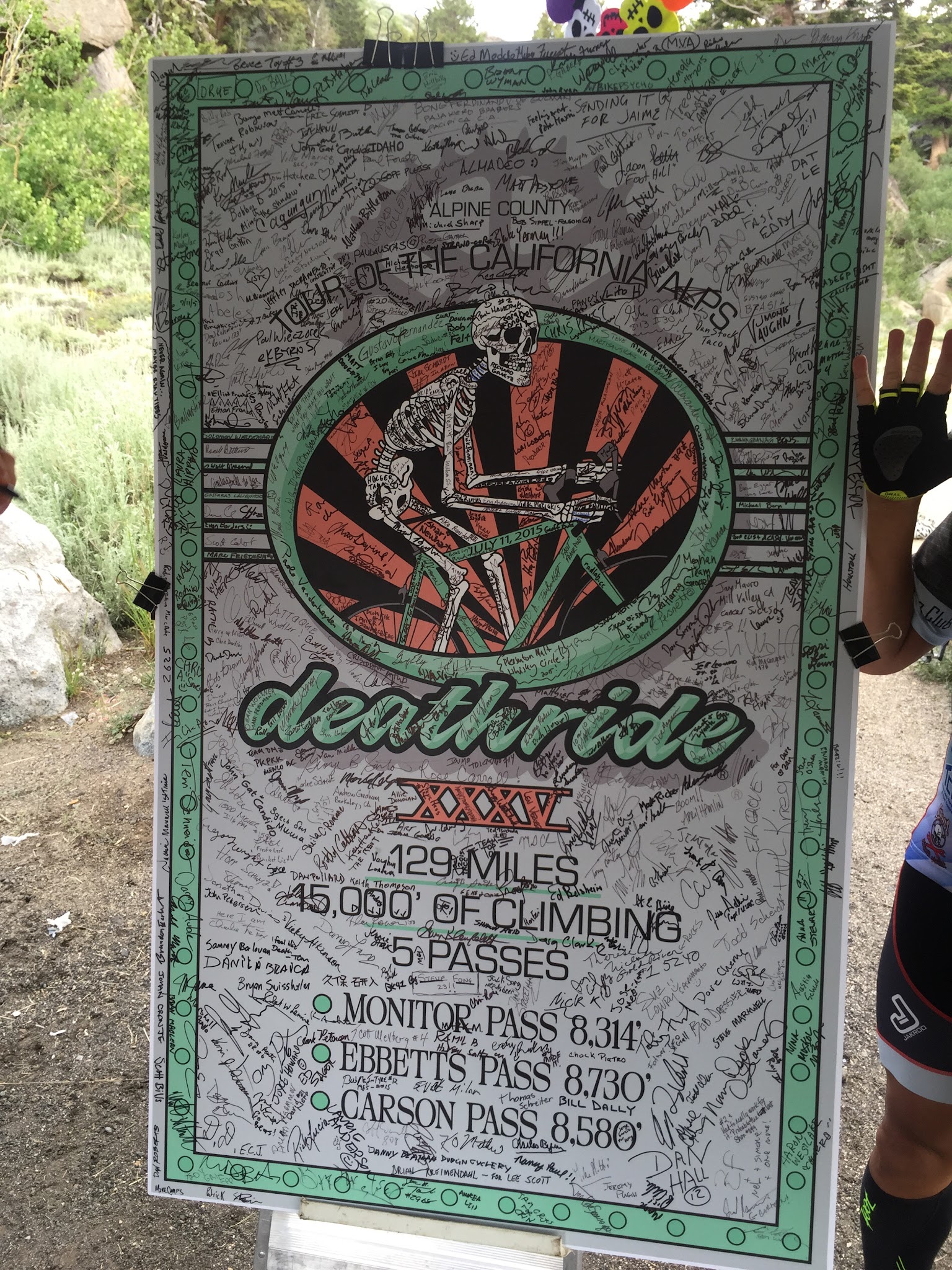 Sign for the Death Ride signed by riders