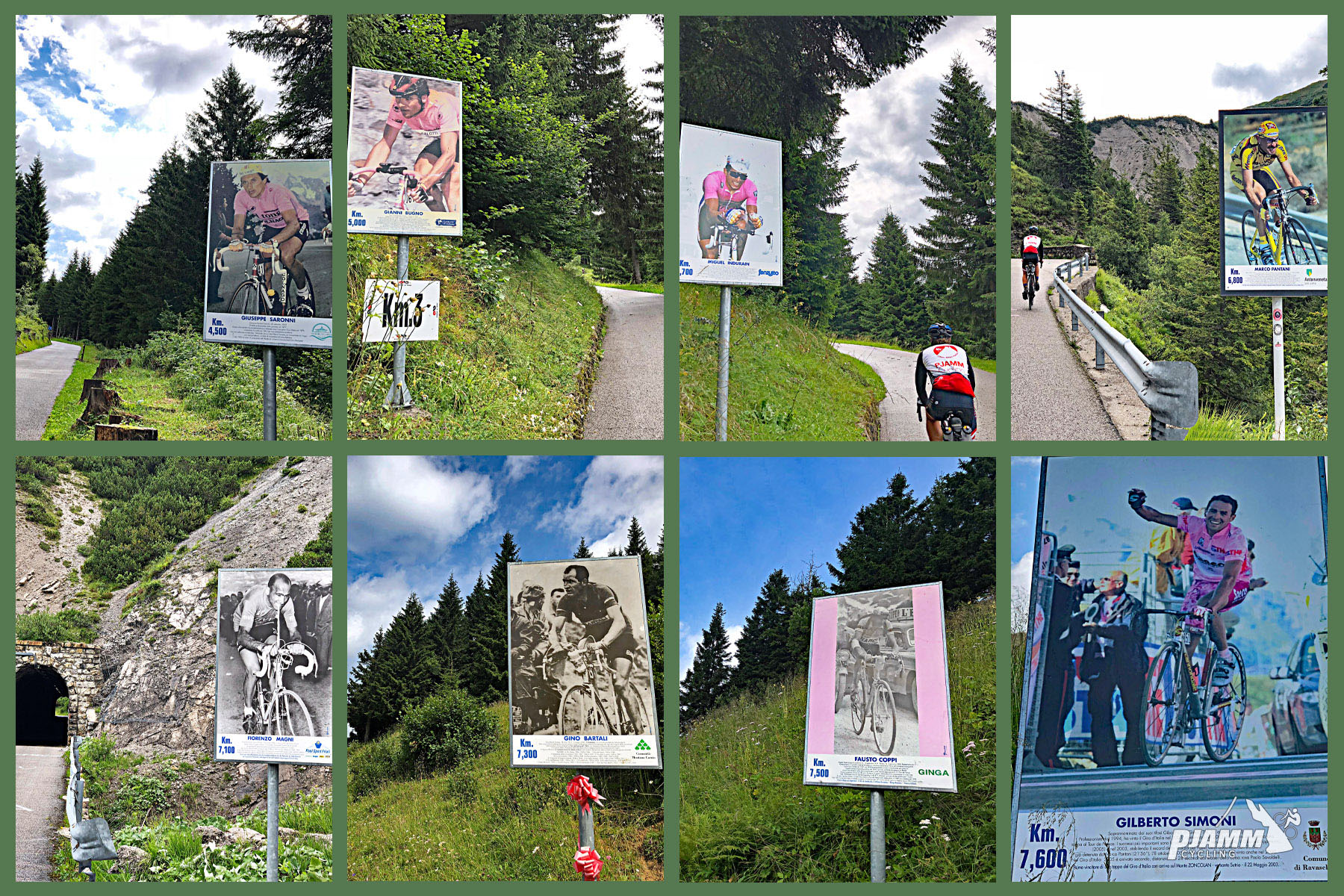 Cycling Monte Zoncolan from Sutrio - more KM markers along the climb picturing famous cyclists