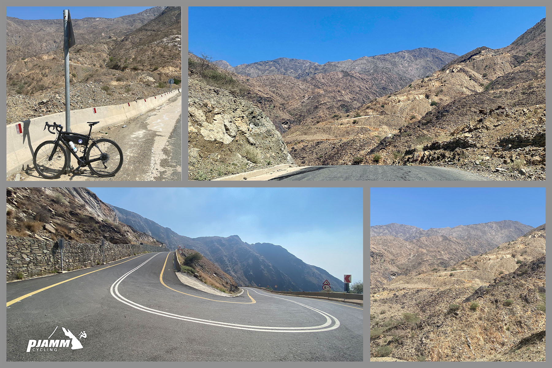 Cycling Beth-rah Pass, Asir Mountains, Saudi Arabia - photo collage, bike parked against guardrail on side of road, head on photo of huge hairpin turn, view looking across the mountainside