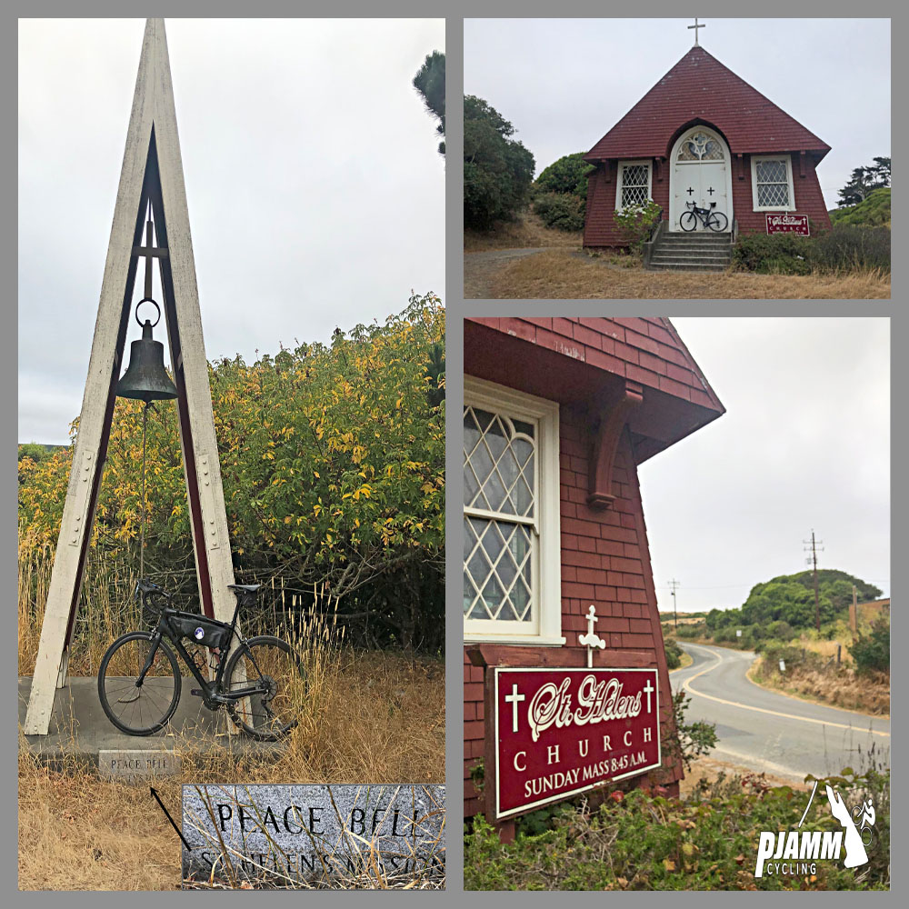Cycling Marshall Wall West, Marin County, California Cycling Marshall Wall West, Marin County, California - photo collage, PJAMM Cycling logo in corner, St. Helens Church, bike parked against bell tower, bike parked on porch of little red church building against white front door