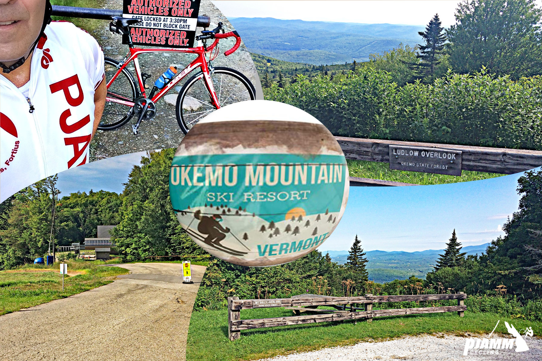 Ludlow Overlook, sign for Okemo Mountain Ski Resort, PJAMM cyclist with bike next to sign reading "Authorized Vehicles only"