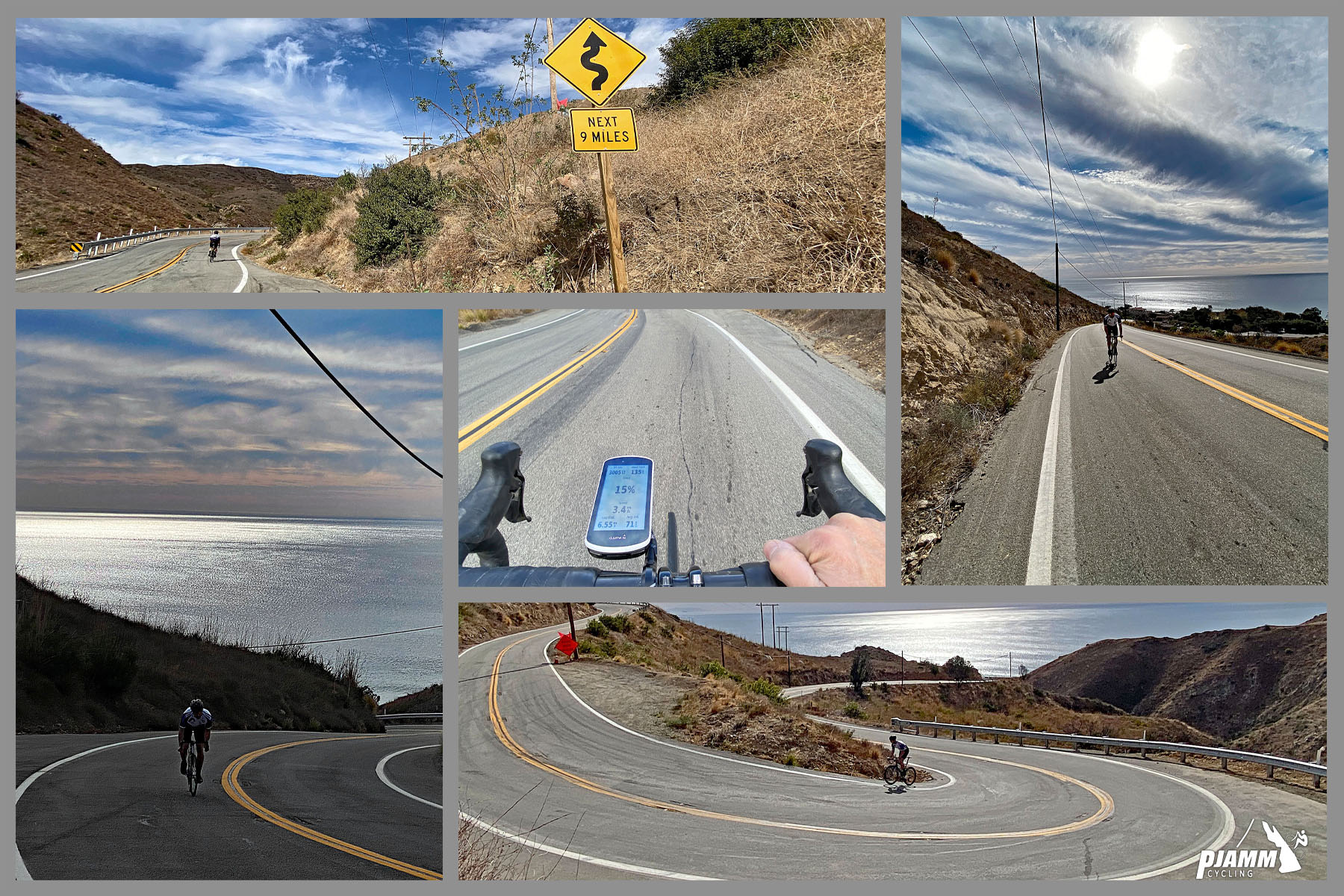 Cycling decker Road to Yerba Buena high point - switchbacks along roadway along first mile of climb, sign for curvy roadway next 9 miles