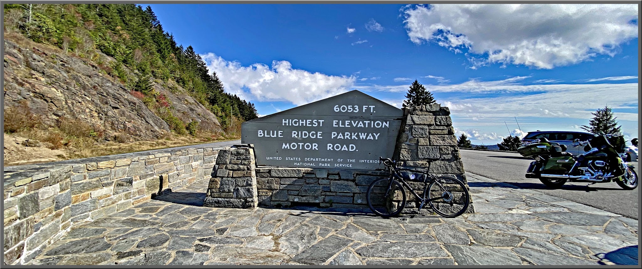 Cycling Richland Balsam, Blue Ridge Parkway - bike parked at sign for Highest Elevation on Blue Ridge Parkway Motor Road