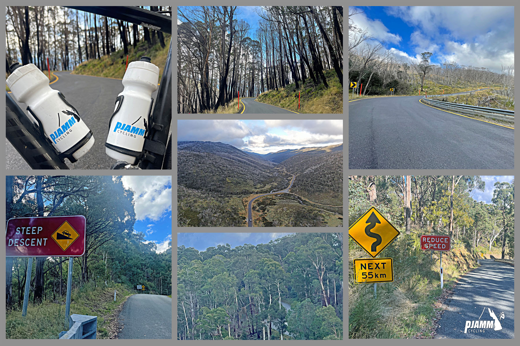 photo collage shows views along the climb, including tall eucalyptus trees, signs reading "Steep Descent" and warning of windy road the next 55 km.