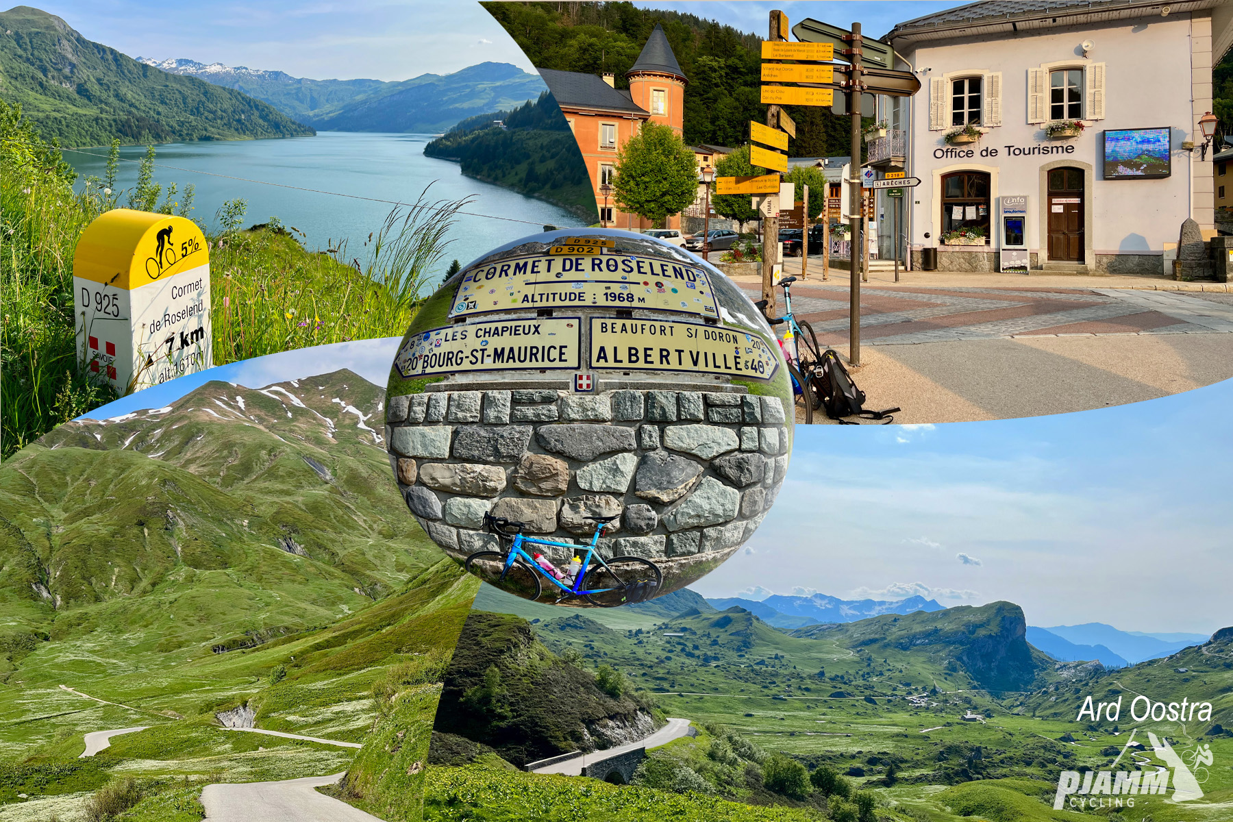 Cycling Cormet de Roseland: photo collage shows views looking down over roads winding through green mountainsides; yellow and white Tour de France kilometer markers, old historic town of Beaufort