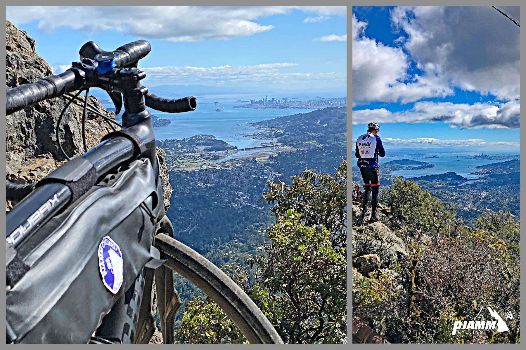 PJAMM Cyclist stands on stones at mountaintop finish, overlooking the San Francisco bay and city skyline