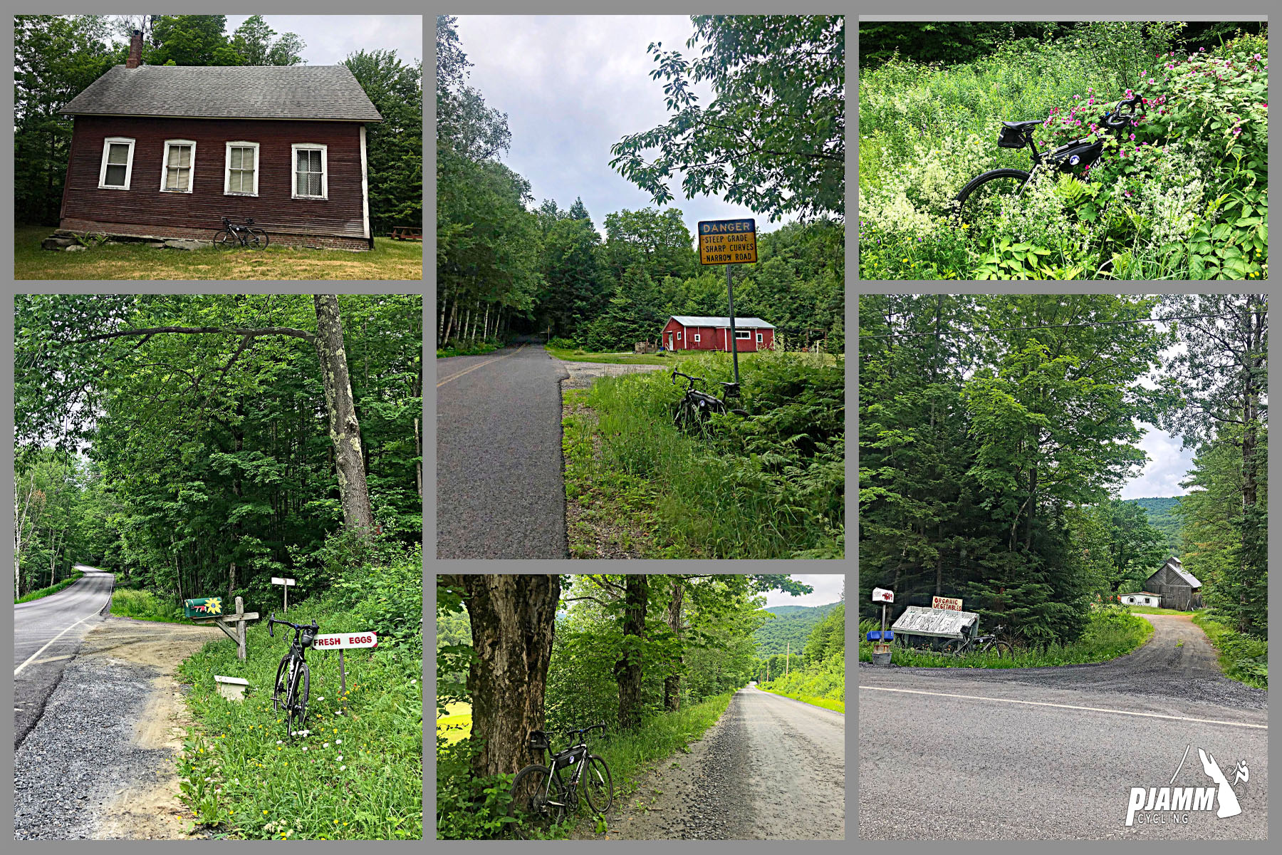 Cycling Lincoln Gap East - photo collage, red wooden building with four white-trimmed windows, bike leaning against building, Danger Sharp Curves yellow road sign along greenery on roadway, bike parked in dense, tall grass with pink flowers