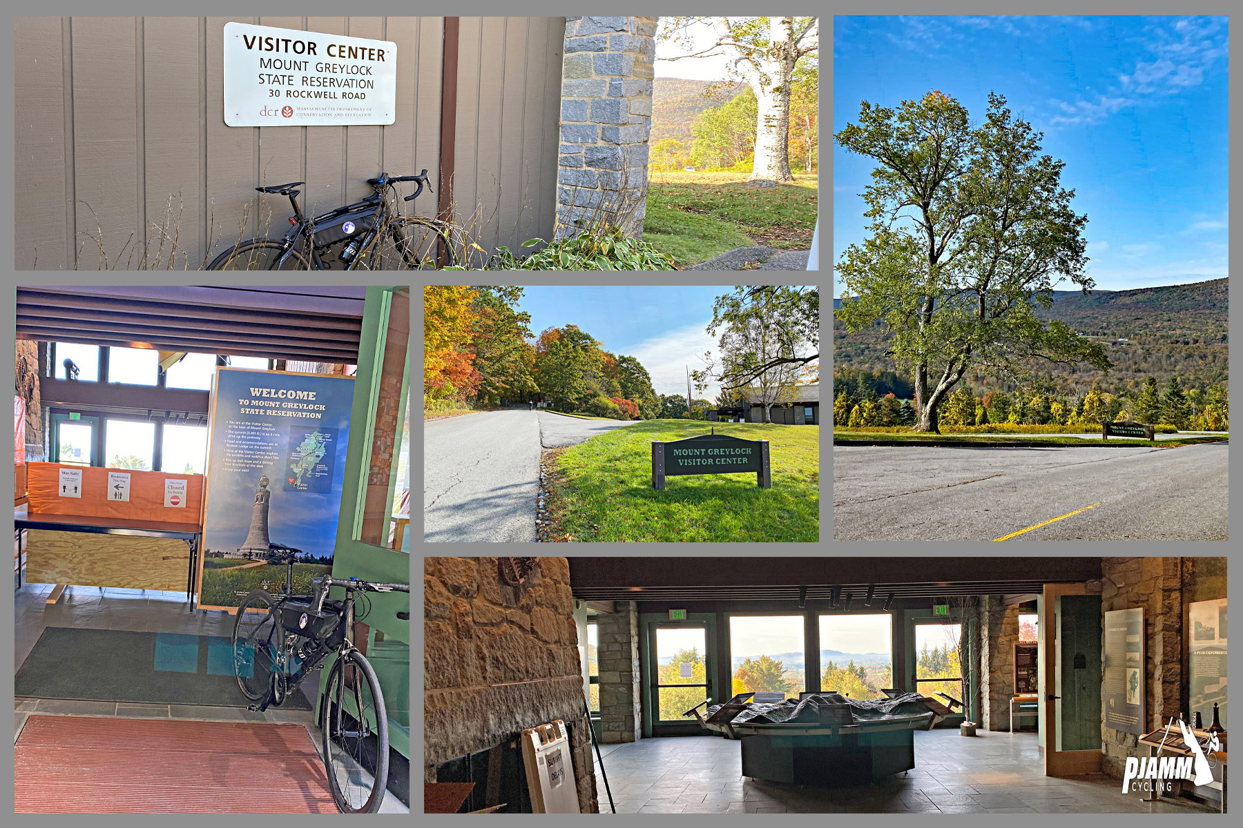 Cycling Mt. Greylock South, Massachusetts - photo collage, bike parked at the Mt. Greylock visitor center PJAMM Cycling logo in corner