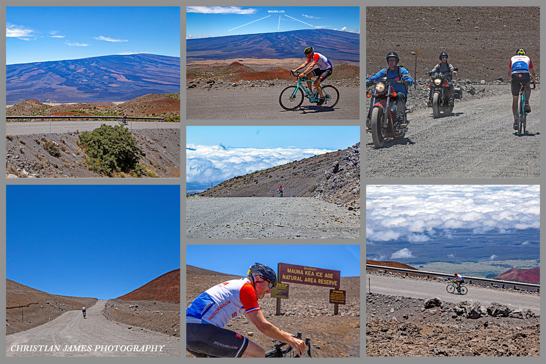 Cycling Mauna Kea from the West  - cyclists ride on gravel section of roadway, sign reads "Mauna Kea Ice Age Natural Area Preserve" 