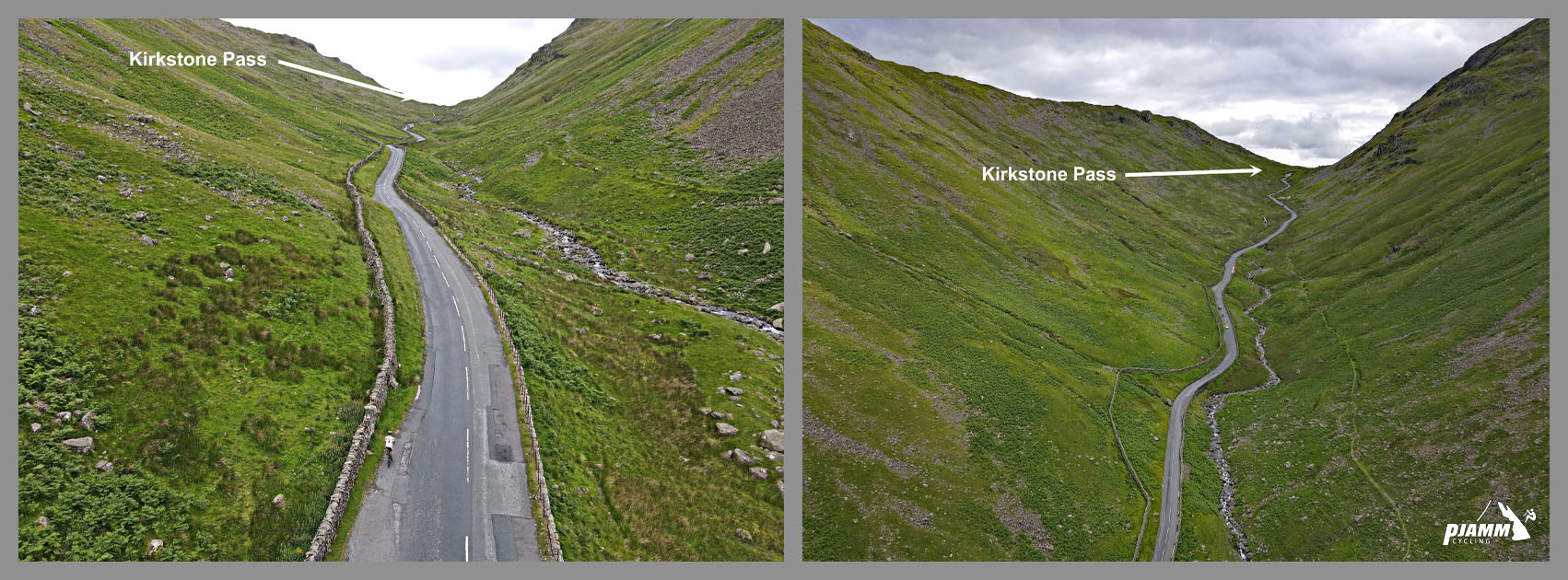 photos point out Kirkstone Pass along climb; English countryside road passing through green pastureland 