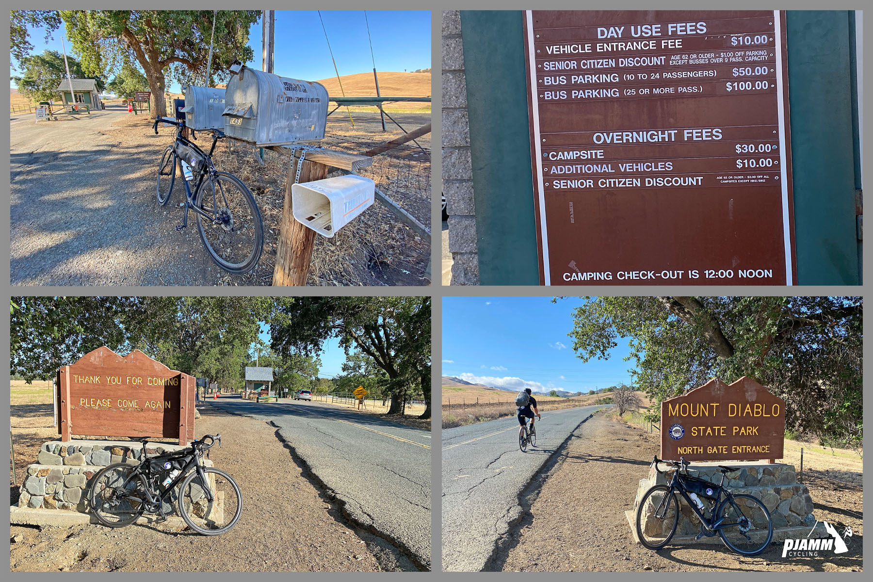 signs for Mt. Diablo State Park, bike parked against mailboxes, sign explaining day use fees