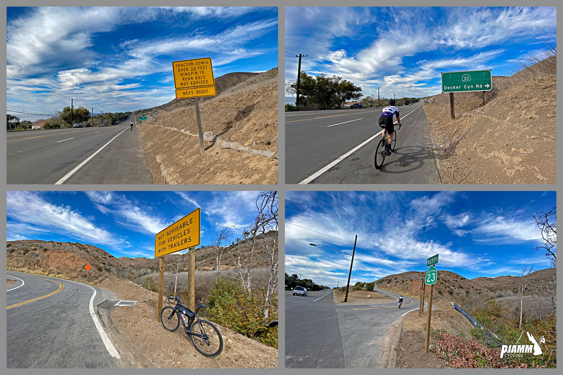 Cycling decker Road to Yerba Buena high point - photo collage, signs along roadway, Highway 23, Decker Canyon Road, Pacific Coast Highway, cyclist rides on road shoulder