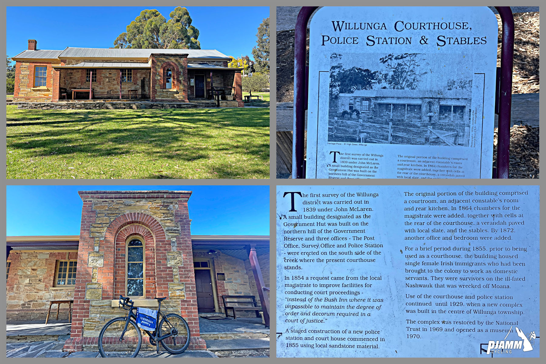 Cycling Old Willunga Hill Road, South Australia photo collage shows informational signs and outside views of old brick courthouse on the way out of town