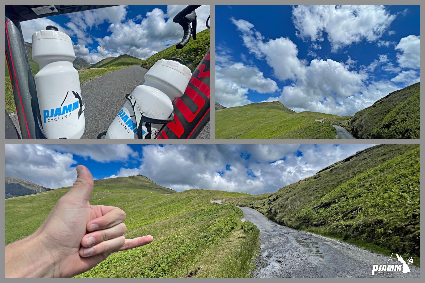 one-lane country road, green pastureland, blue sky