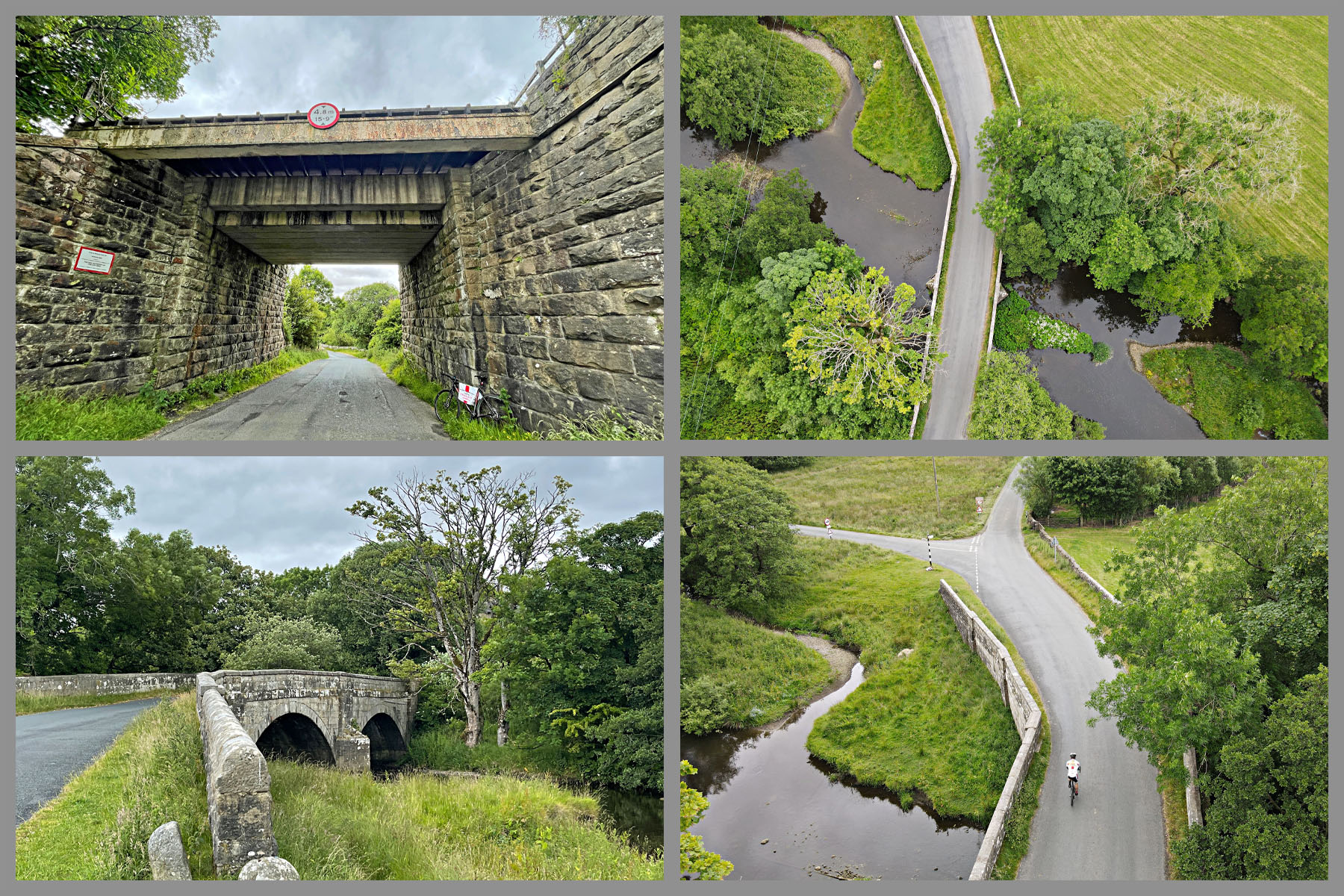photo collage, climb start, aerial drone view of stone train bridge and River Wenning