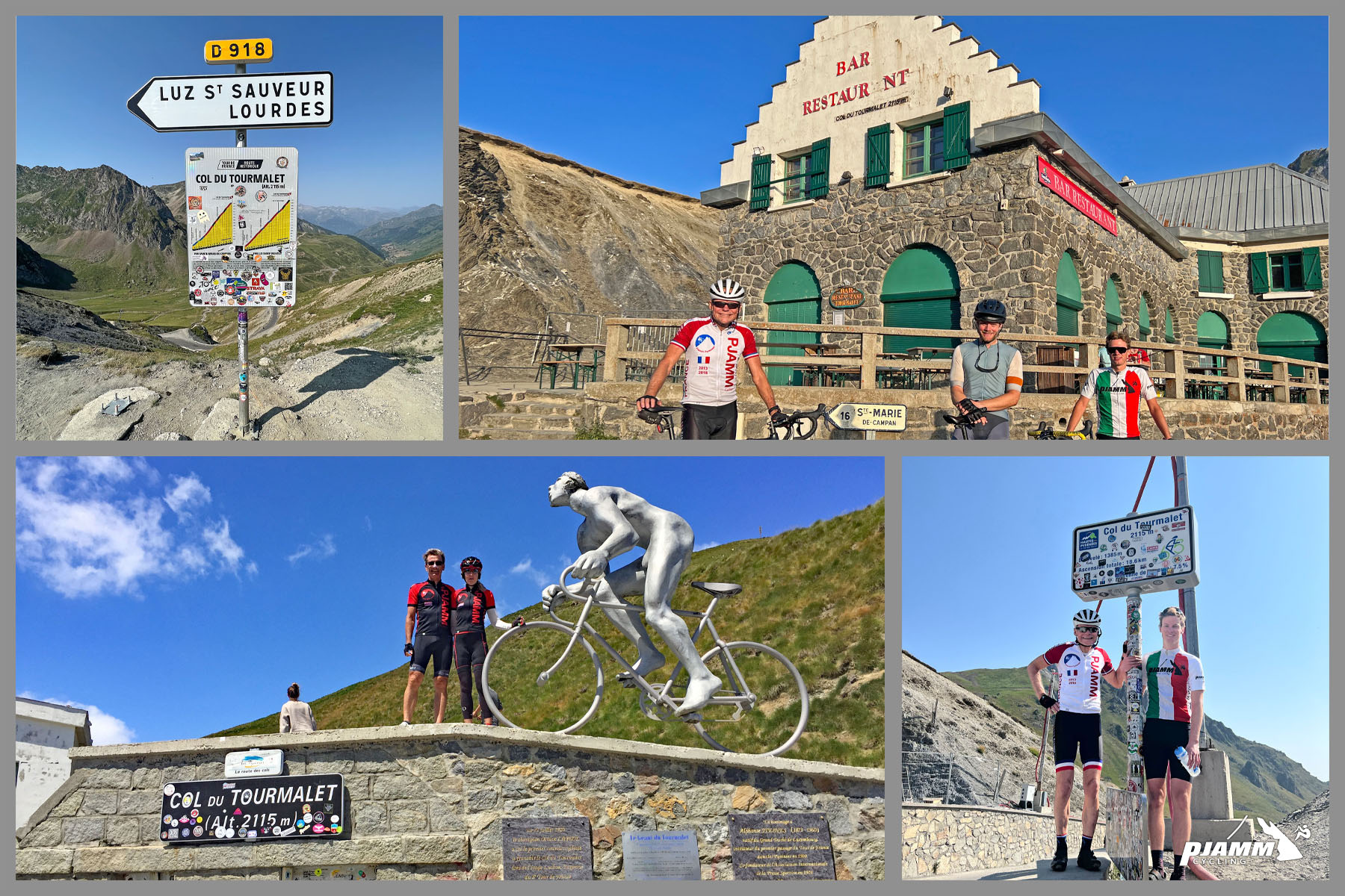 photo collage shows PJAMM Cyclists standing at various points of interest at Col du Tourmalet summit - silver cycling statue